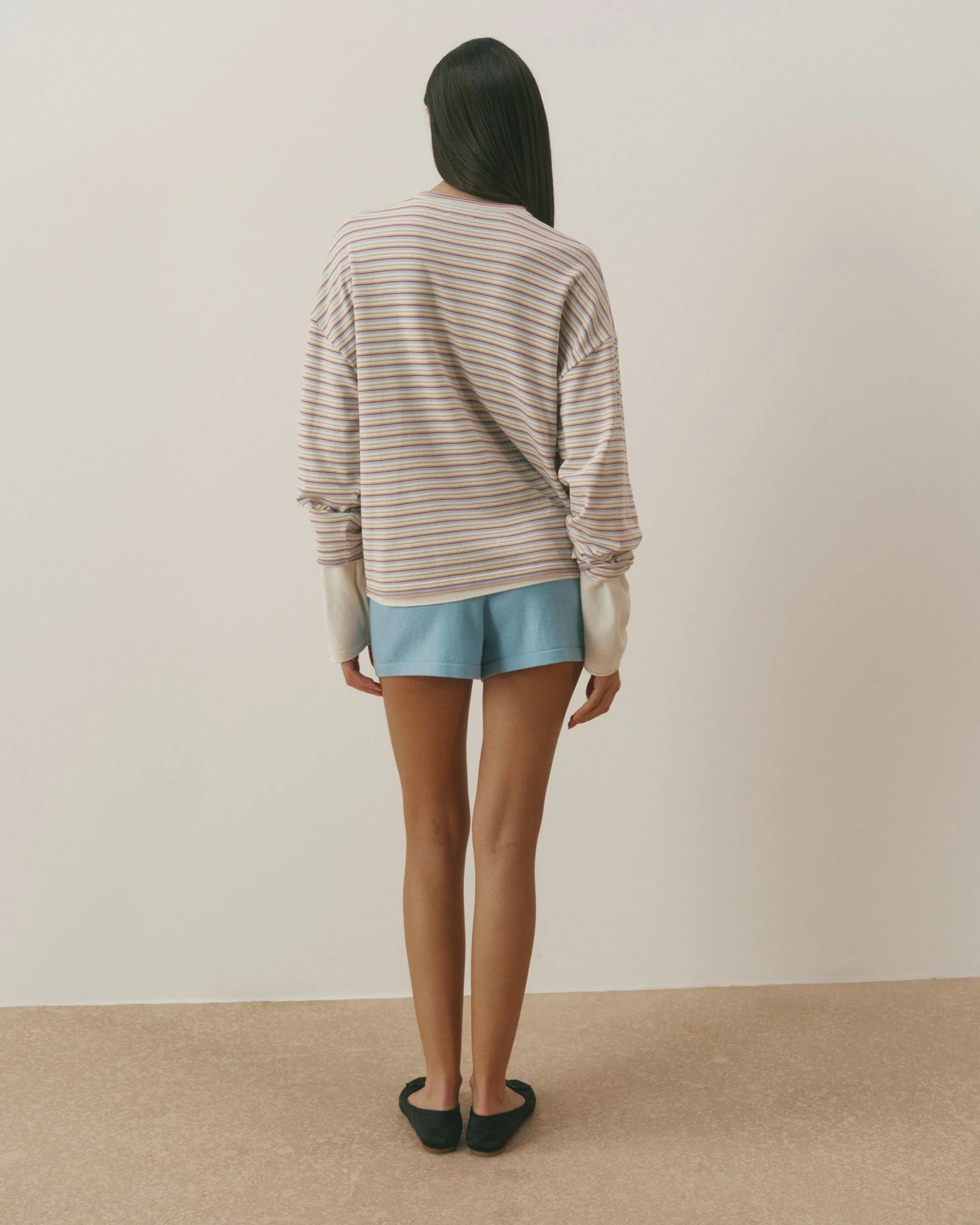 Varsity Knit Roll Hem Stripe Sweatshirt - Marshmallow White