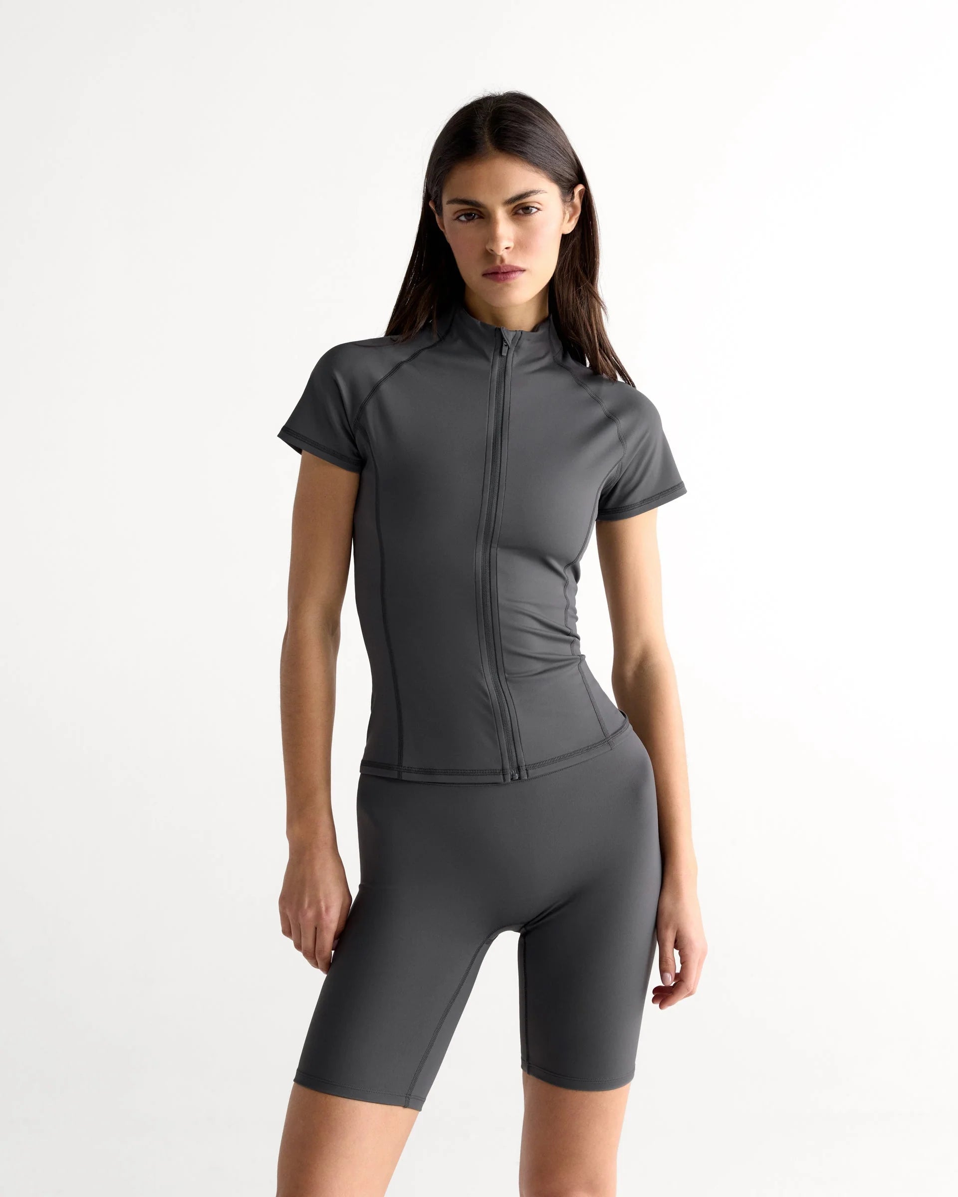 Ultimate Short Sleeve Zip Up Top - Graphite Grey