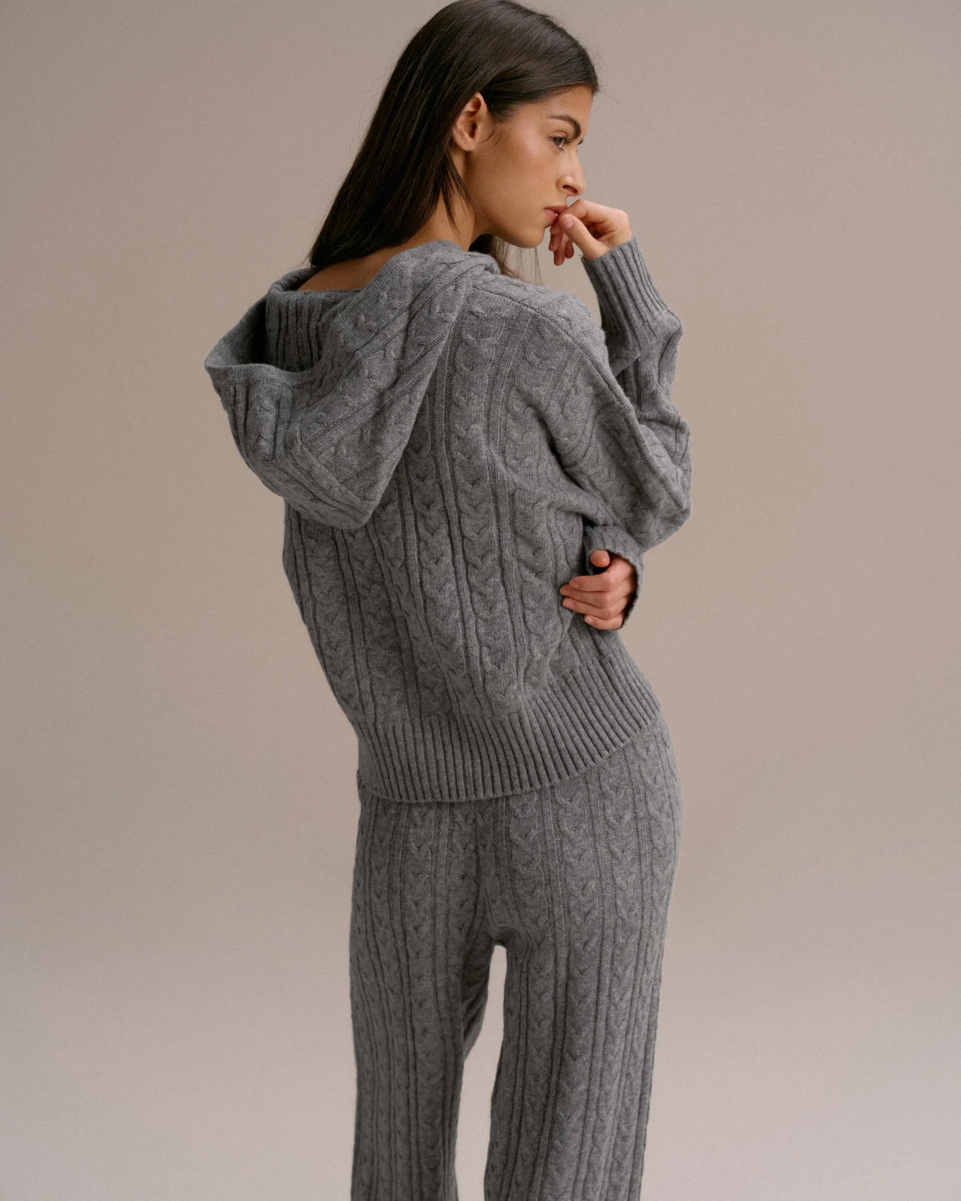 Cable Knit Zip Hoodie - Dark Grey Melange