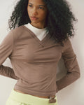 V-Neck Double Layered Top - Dusty Brown/White