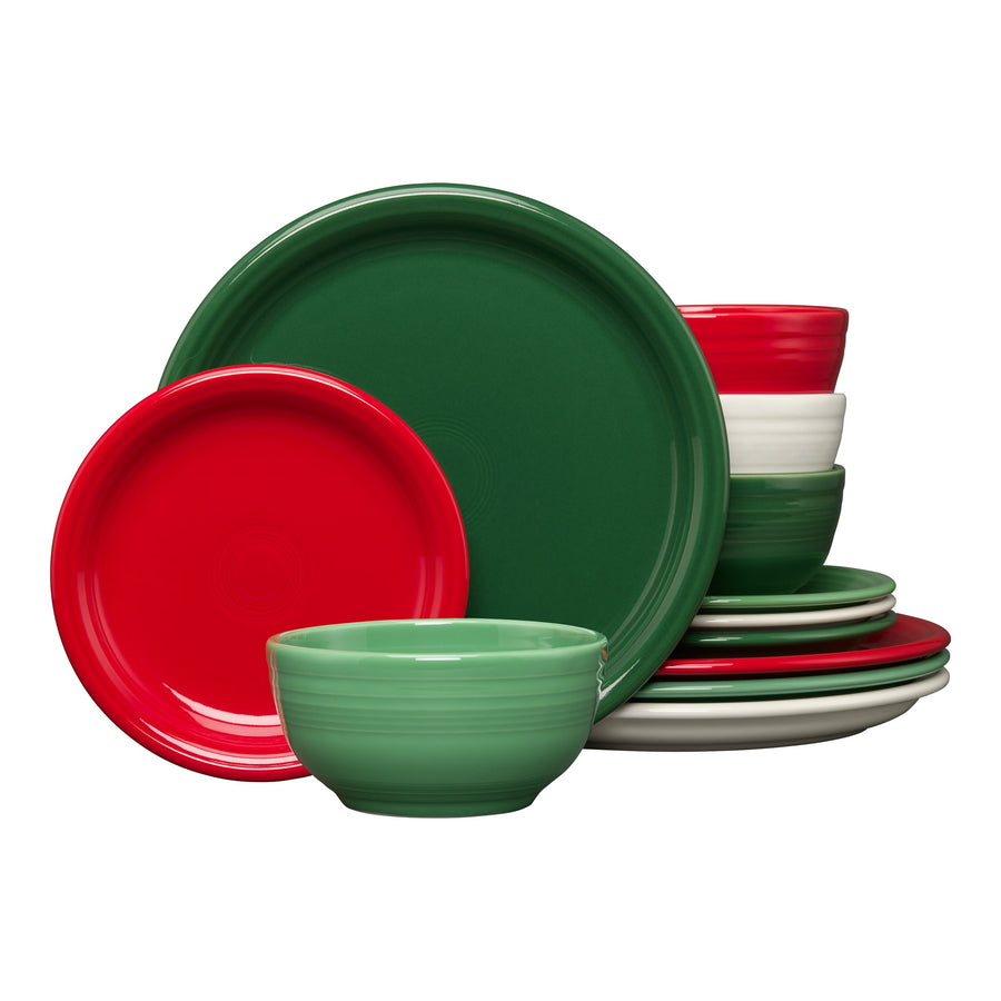 Christmas Mixed Color Bistro Coupe 12-Piece Dinnerware Set, Service for 4