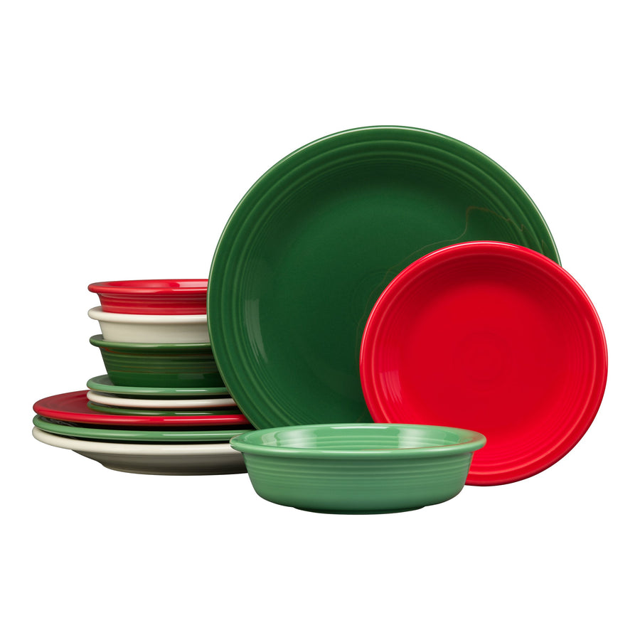 Christmas Mixed Color Classic Rim 12-Piece Dinnerware Set, Service for 4