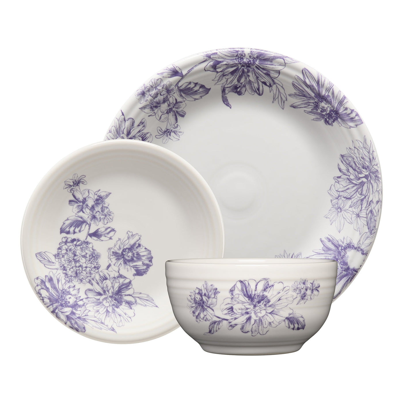 Botanical Floral Lavender Classic Bistro 3-Piece Dinnerware Set, Service For 1
