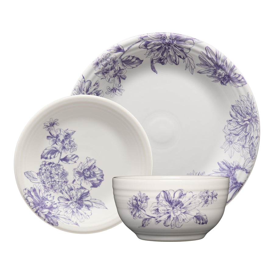 Botanical Floral Lavender Classic Bistro 3-Piece Dinnerware Set, Service For 1
