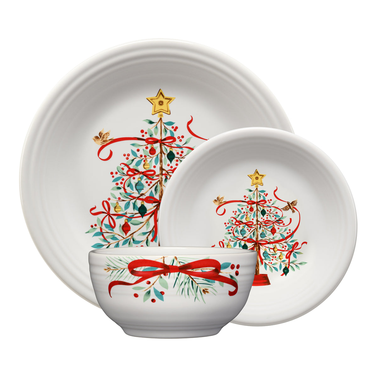 Holly Berry Christmas Tree Classic Bistro 3-Piece Dinnerware Set, Service For 1
