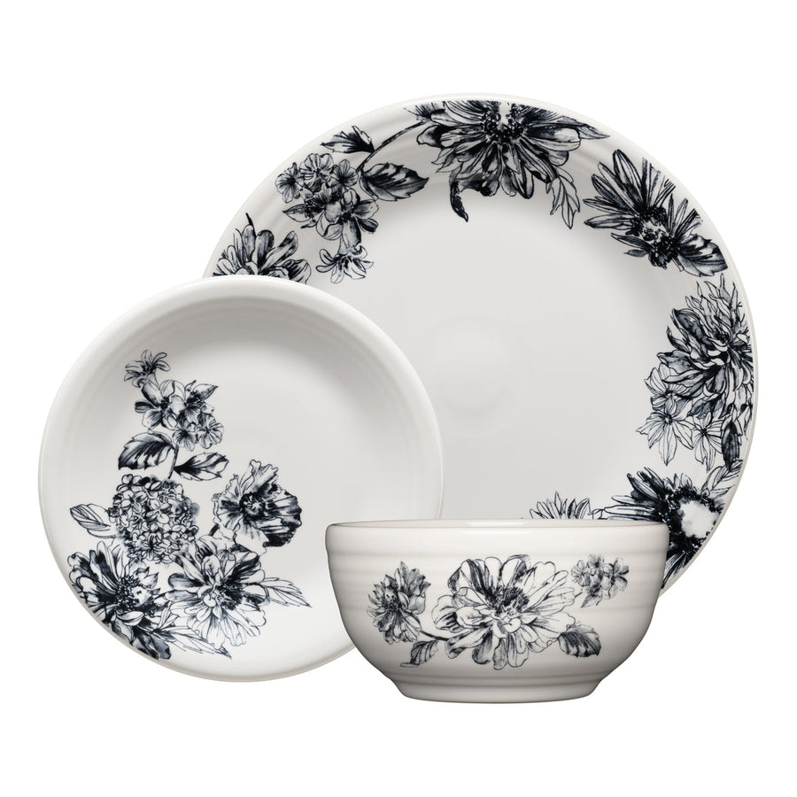 Botanical Floral Black Classic Bistro 3-Piece Dinnerware Set, Service For 1