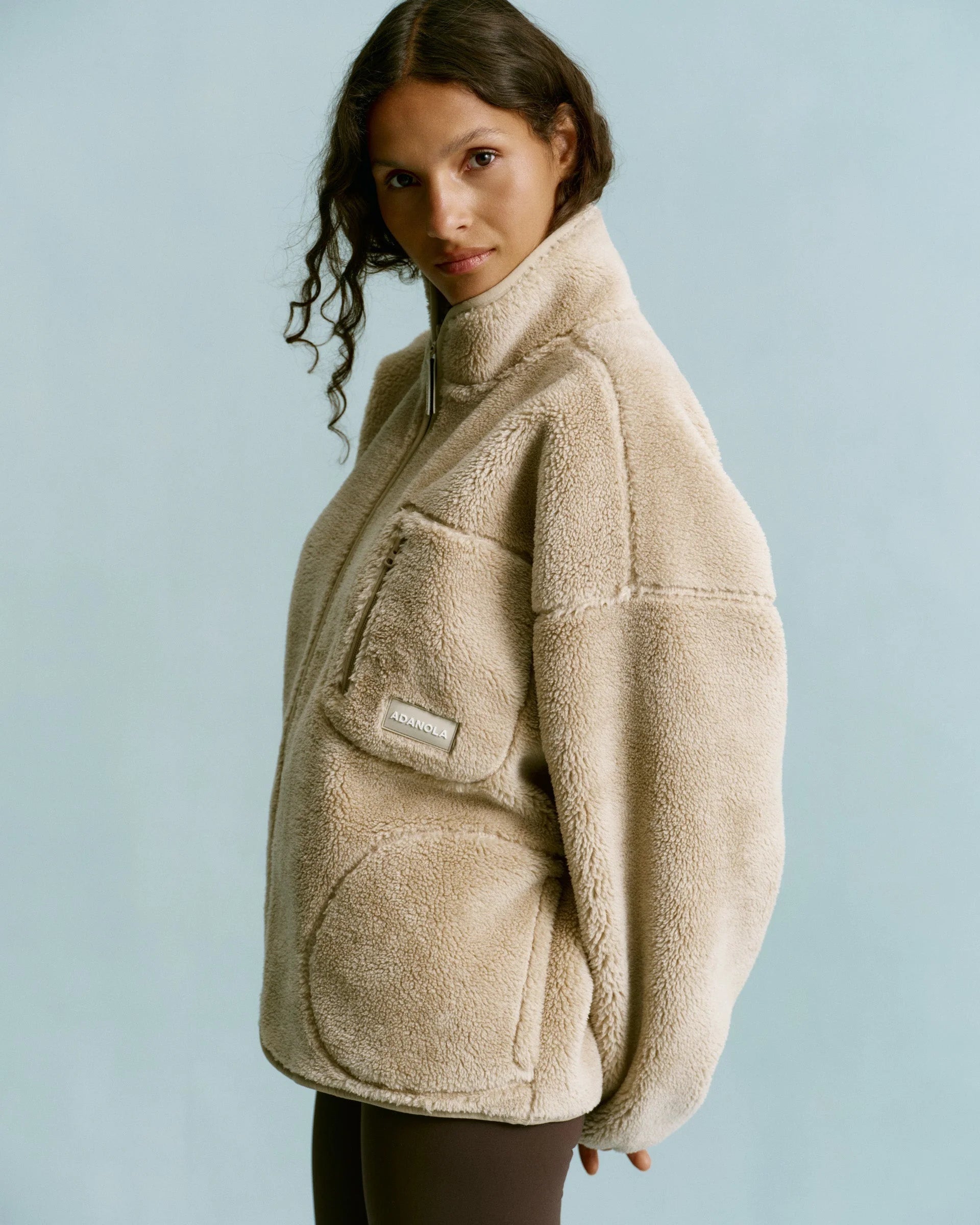 Oversized Pocket Zip Through Fleece - Sand