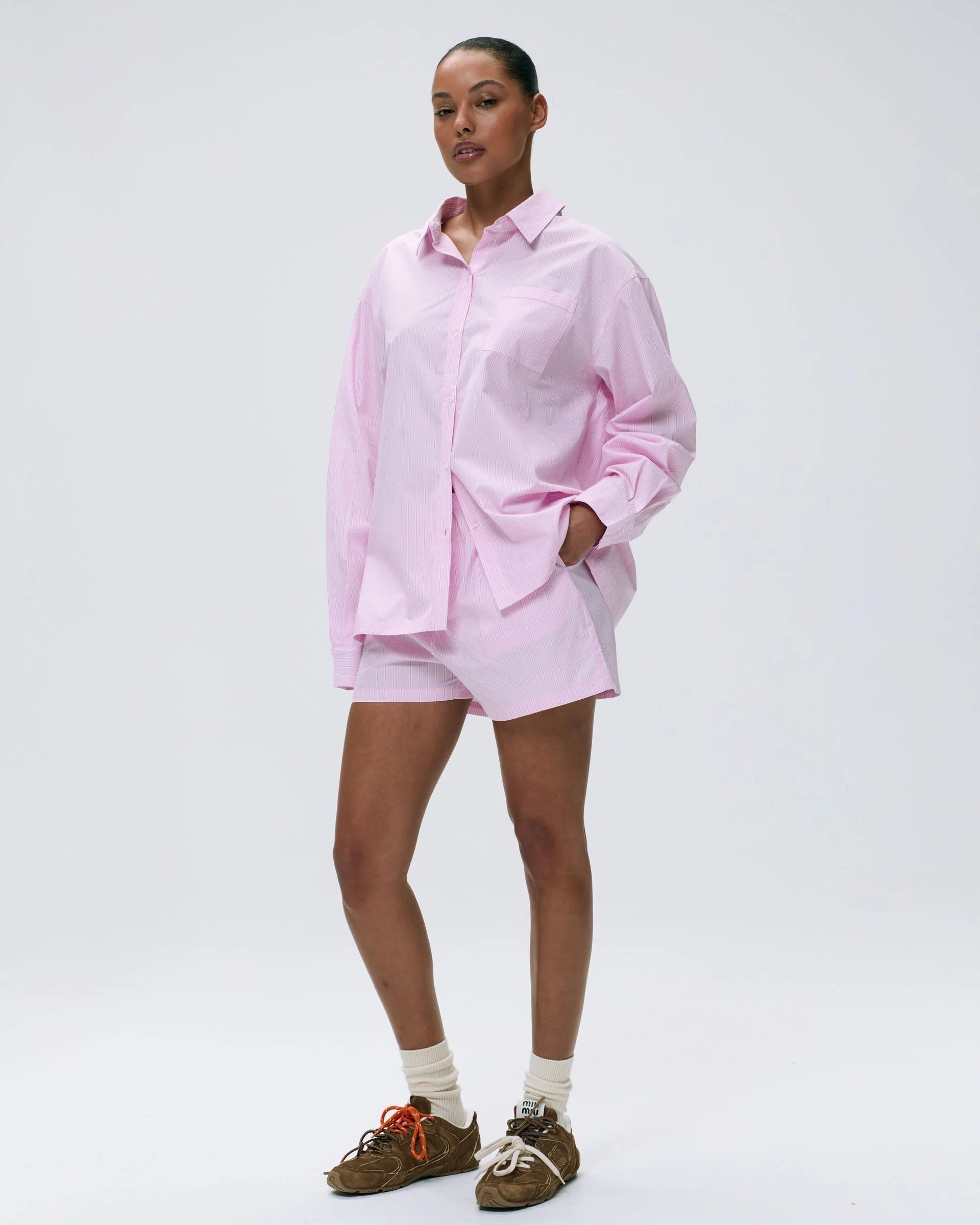 Cotton Stripe Oversized Shirt - Pink/White