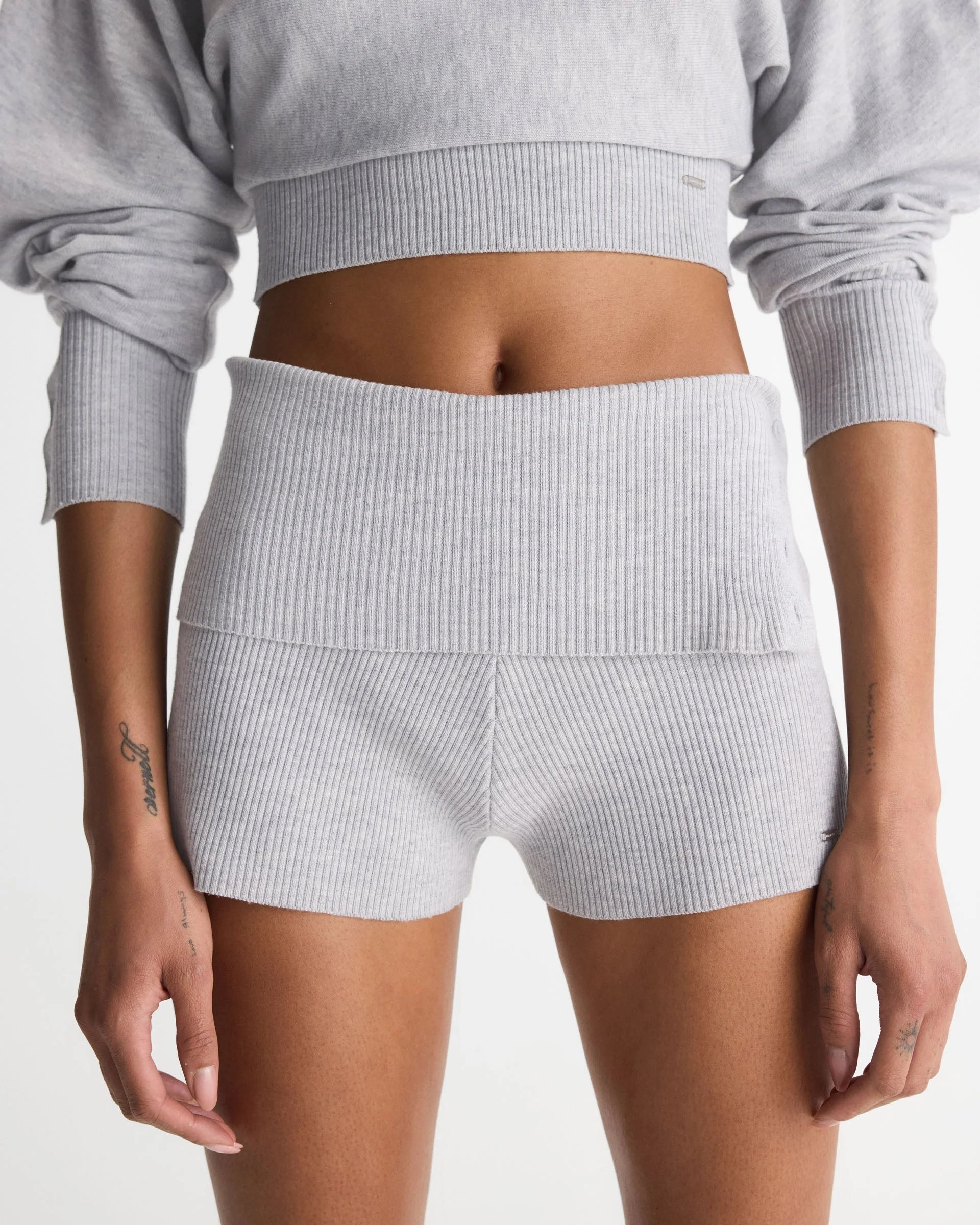 Knit Fold Over Rib Shorts - Light Grey Melange