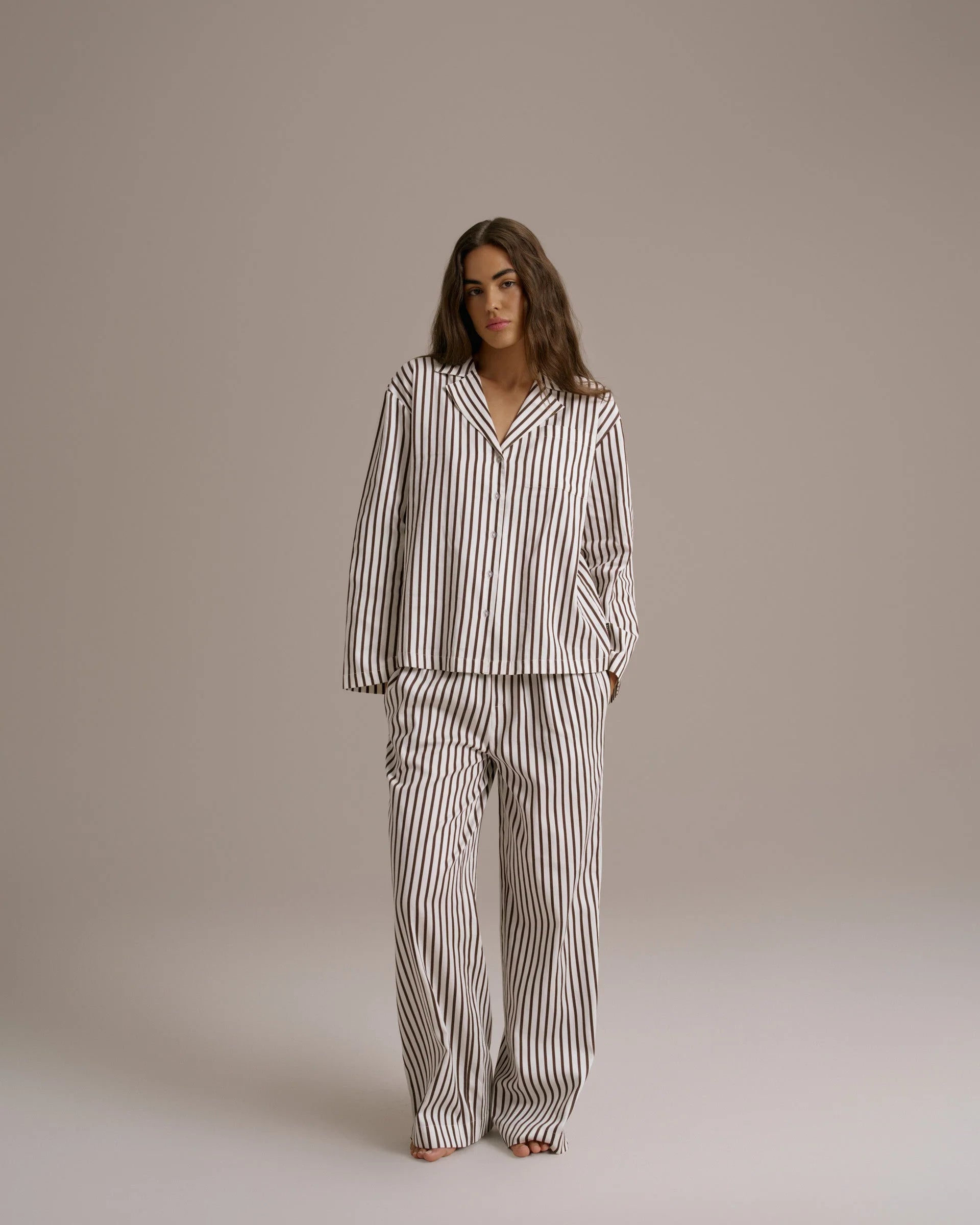 Cotton Sateen Stripe Pyjamas - Marshmallow White/Coffee Bean