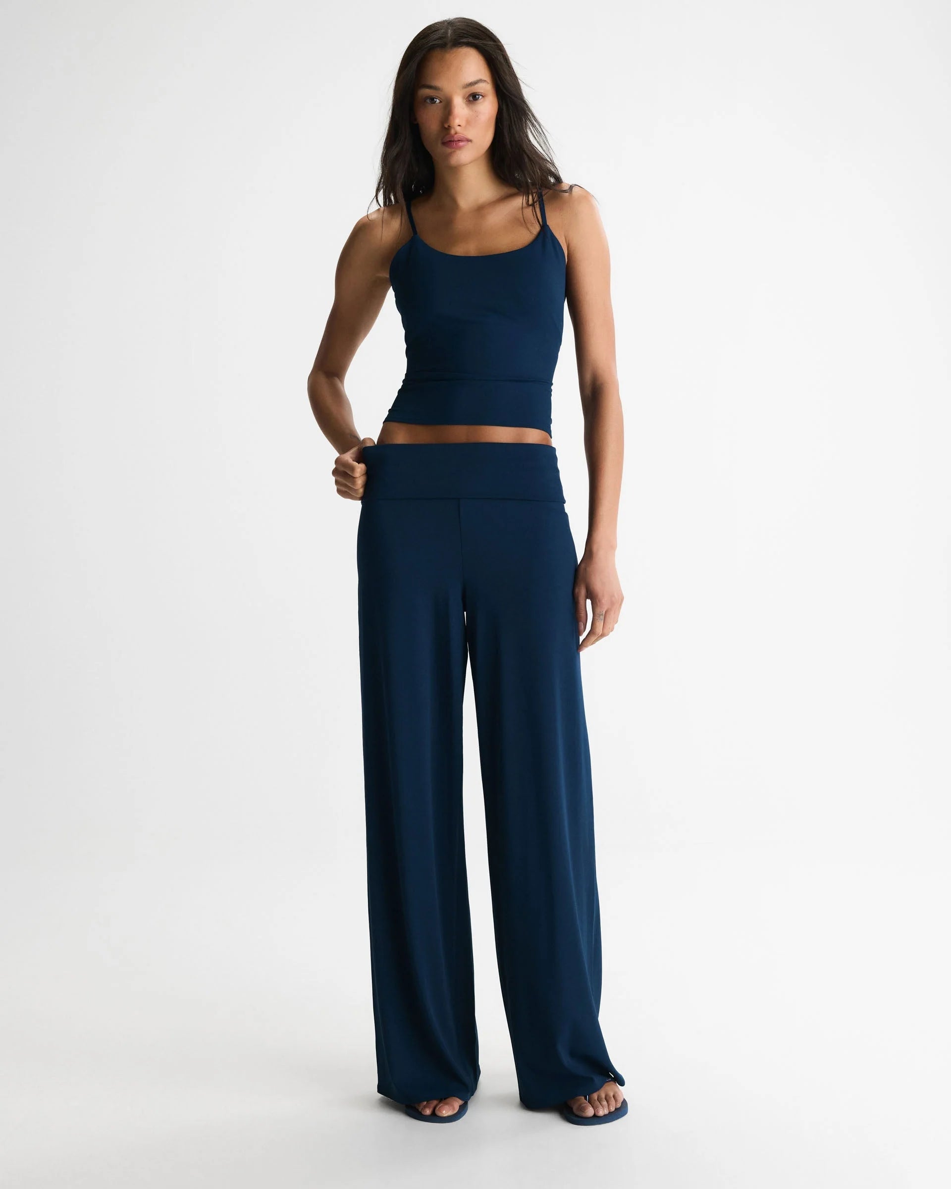 Fold Over Wide Leg Yoga Pant - Navy Blue