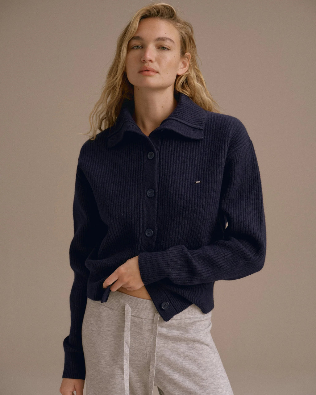 Knit Collar Cardigan - Navy Blue