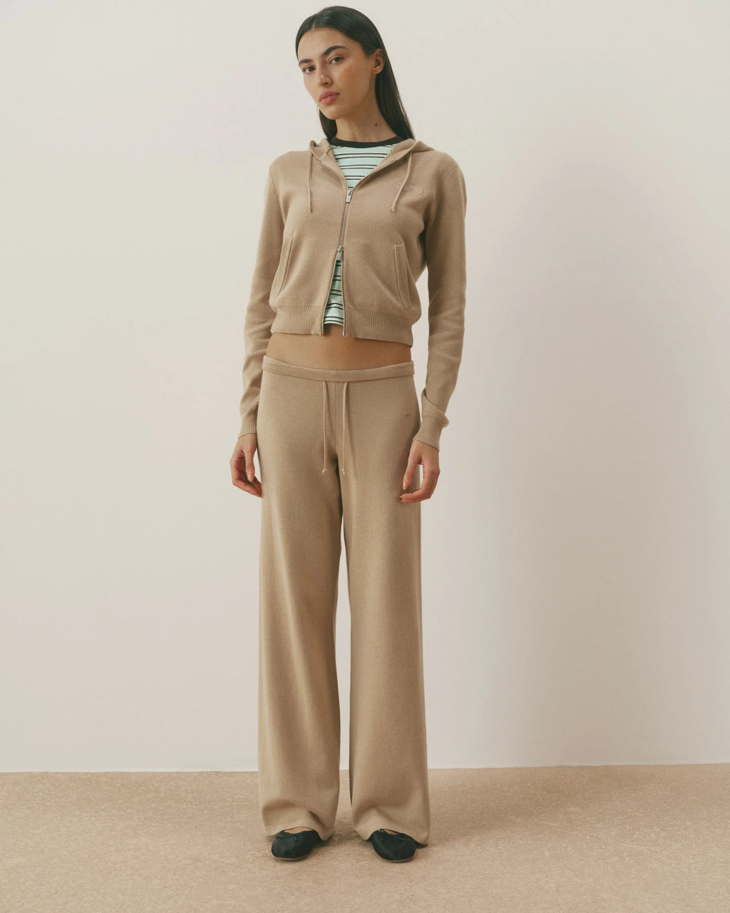 Knit Zip Through Hoodie - Almond