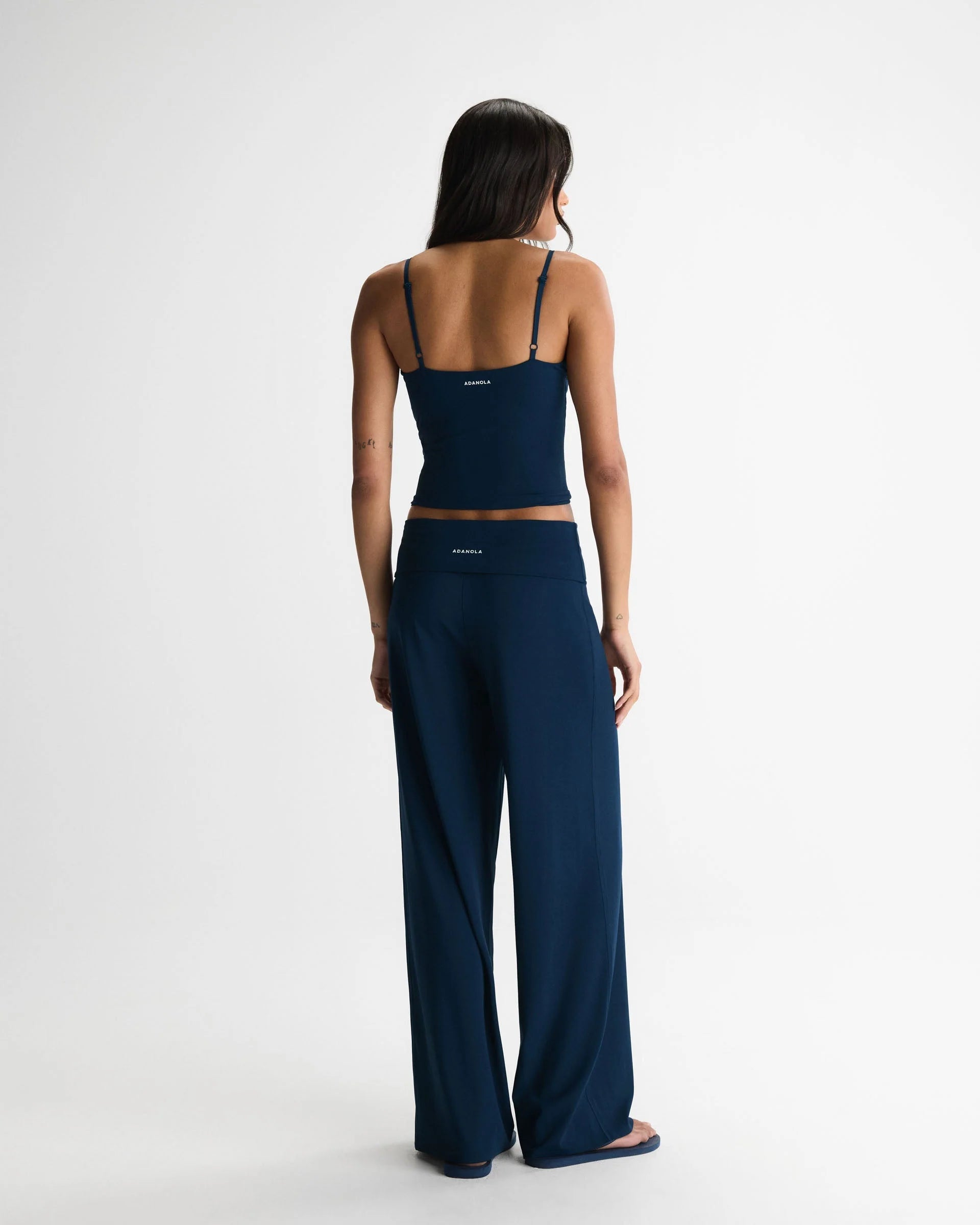 Fold Over Wide Leg Yoga Pant - Navy Blue