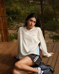 Collared Mesh Long Sleeve Jersey Top - Marshmallow White