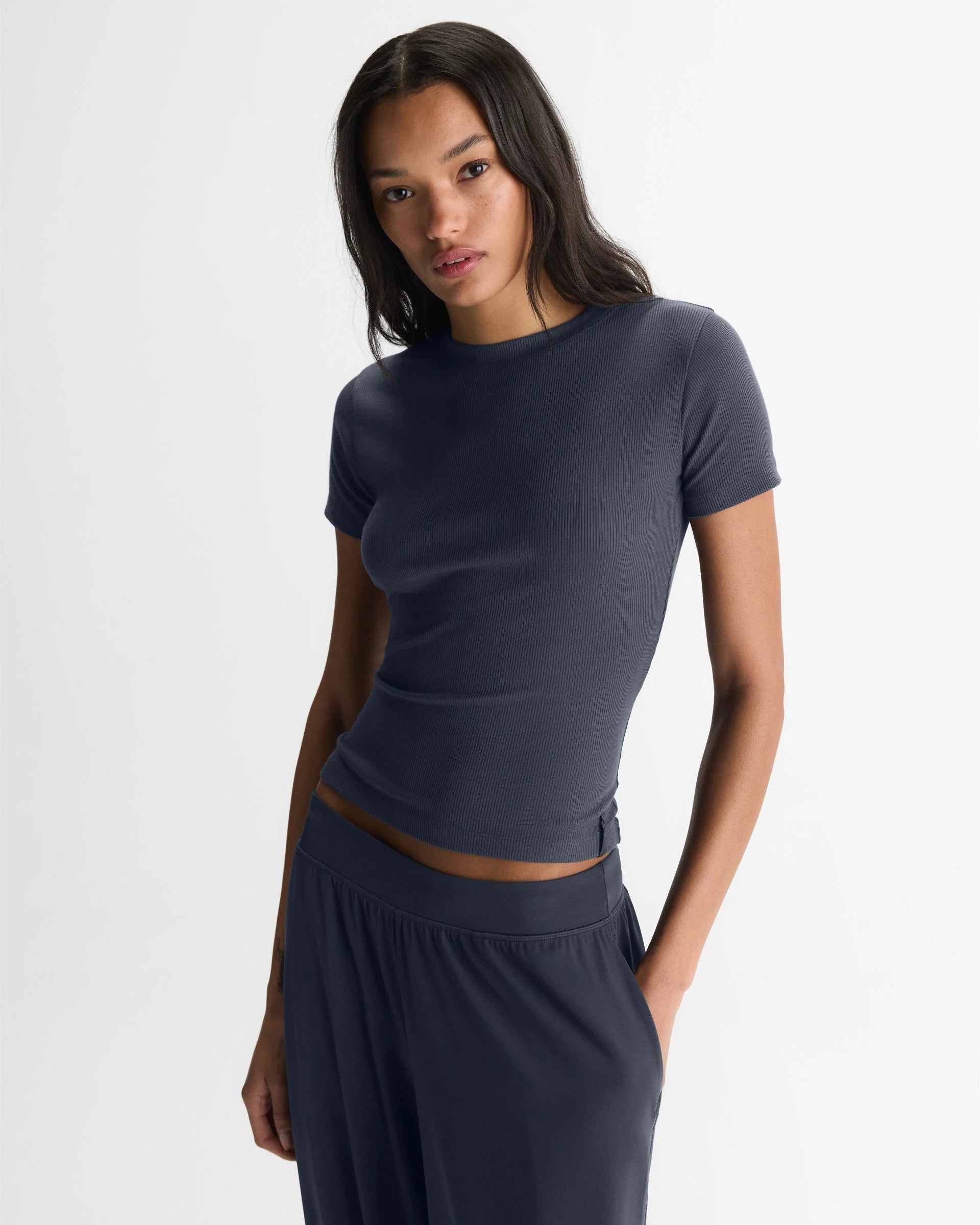 Soft Modal Rib Short Sleeve Top - Midnight Blue