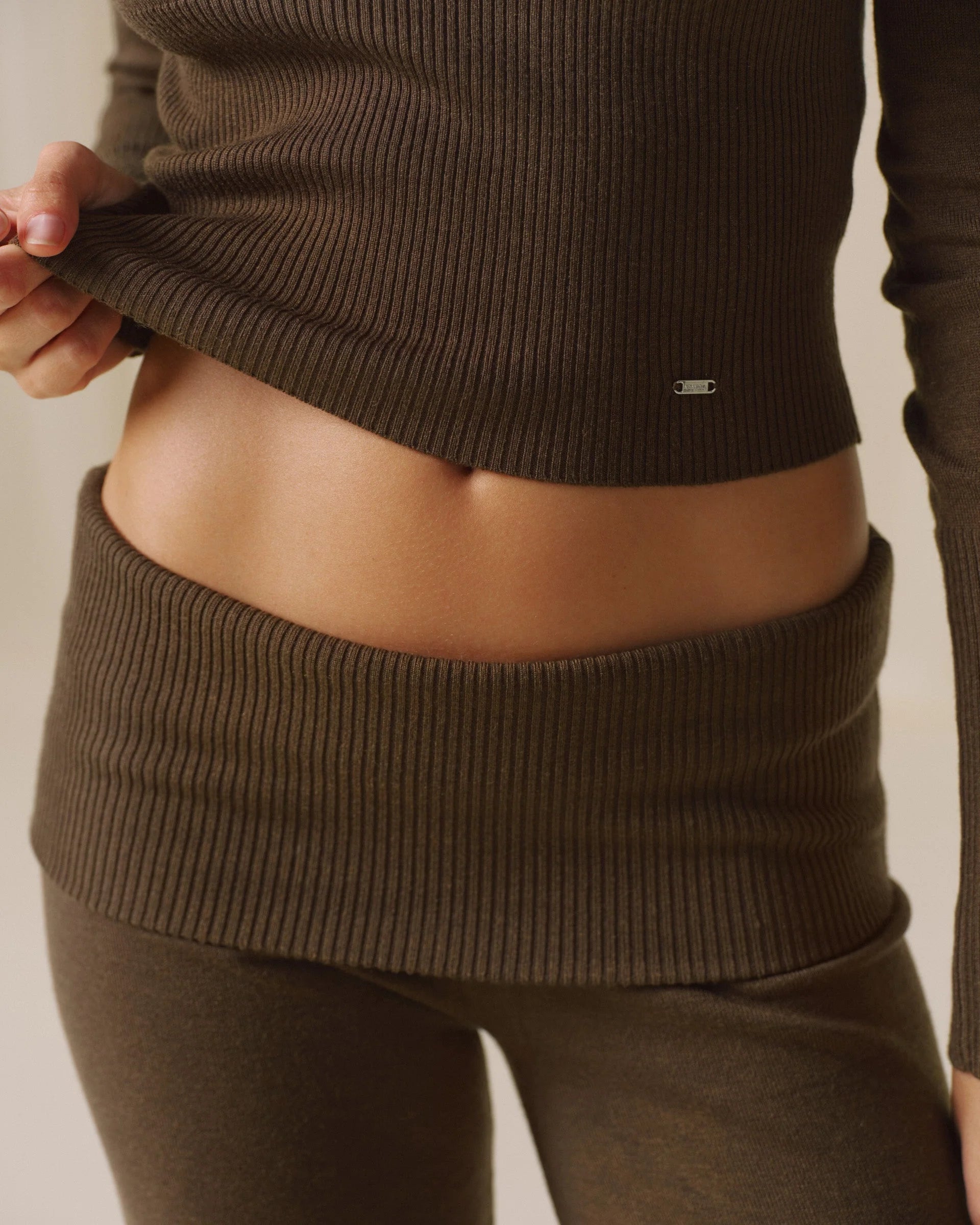 Knit Fold Over Trousers - Dark Mocha Brown