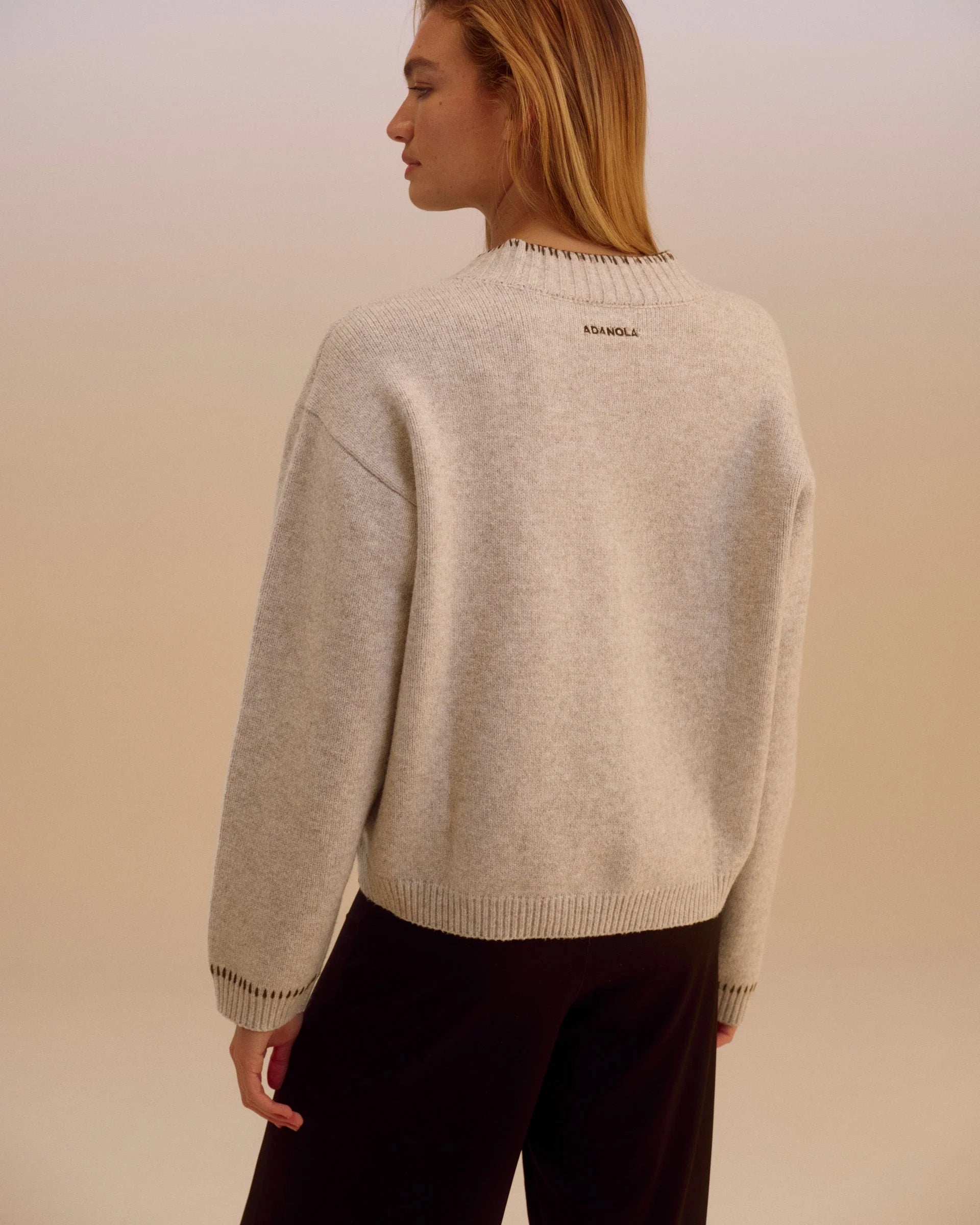 Knit Blanket Stitch Cardigan - Light Grey Melange