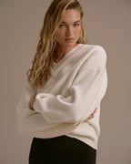 Knit Double V Neck Sweatshirt - Marshmallow White
