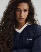 Collared Mesh Long Sleeve Jersey Top - Midnight Blue