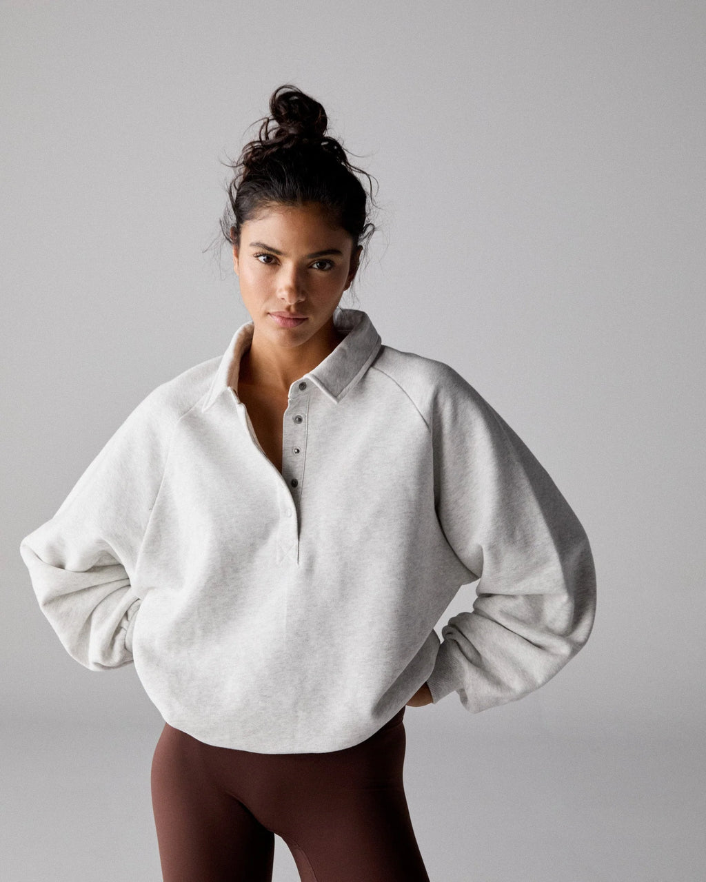 Slouchy Button Up Sweatshirt - Light Grey Melange