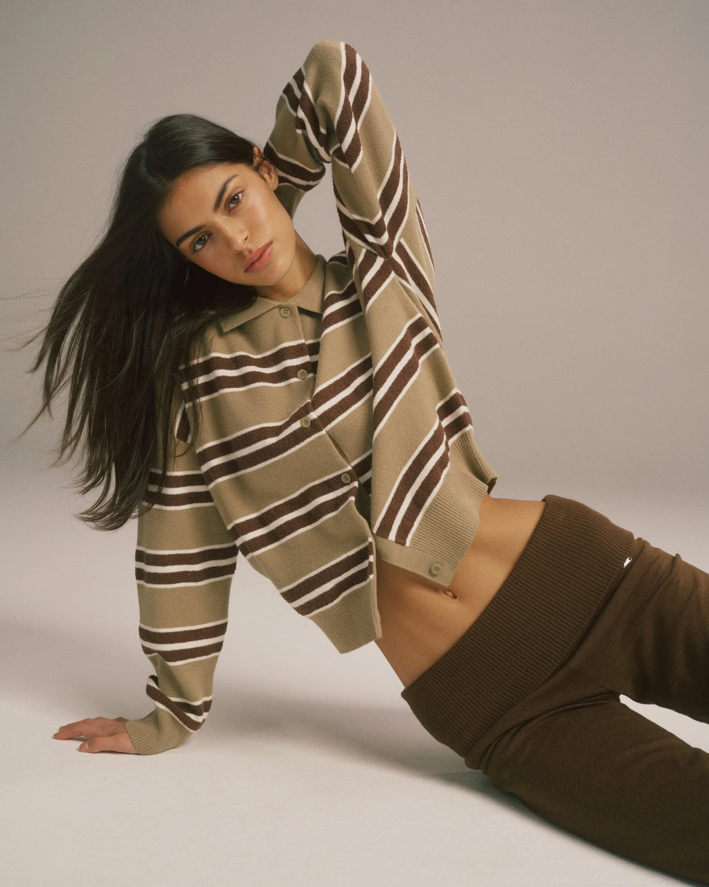 Knit Button Up Collar Sweatshirt - Pistachio Stripe