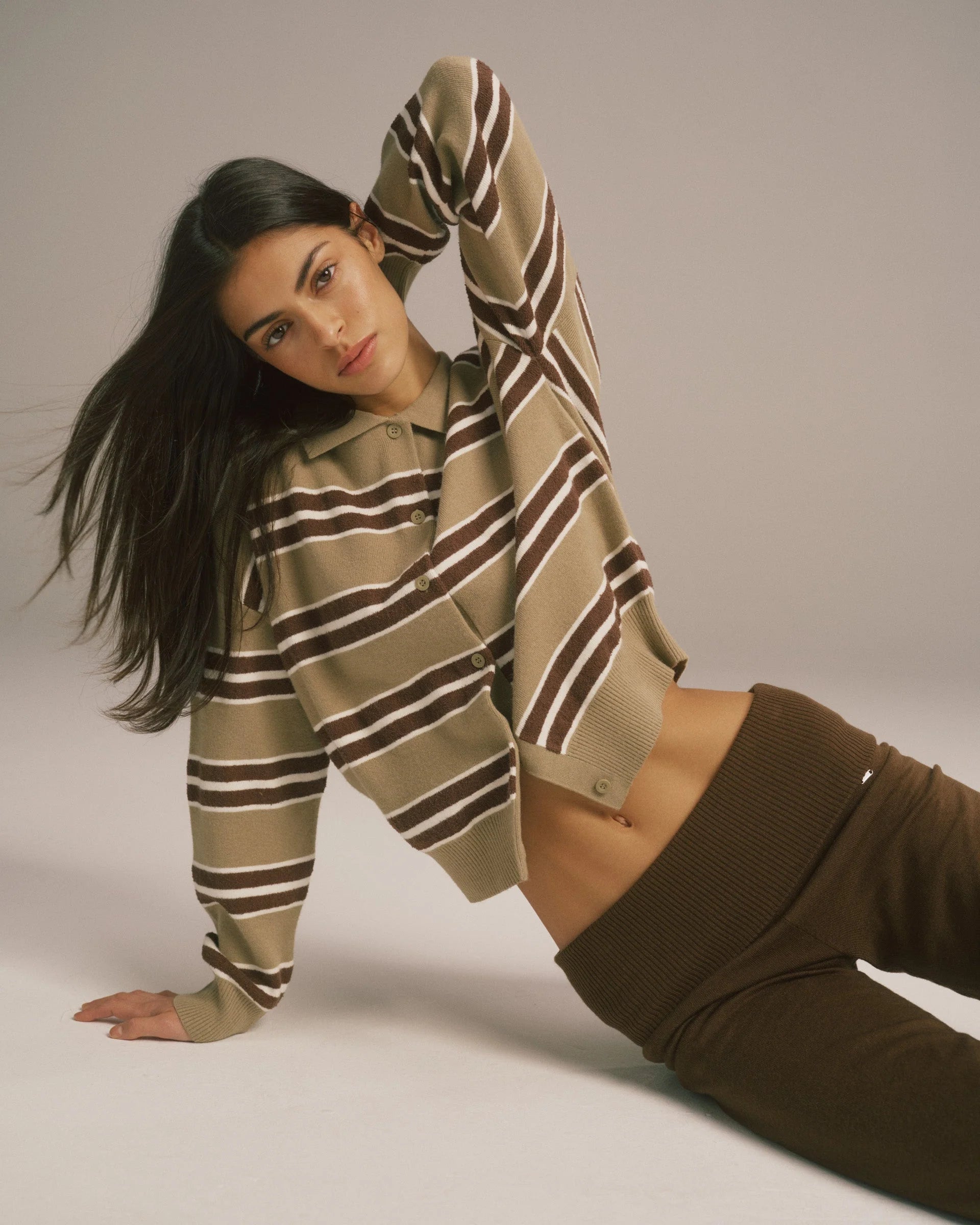 Knit Button Up Collar Sweatshirt - Pistachio Stripe