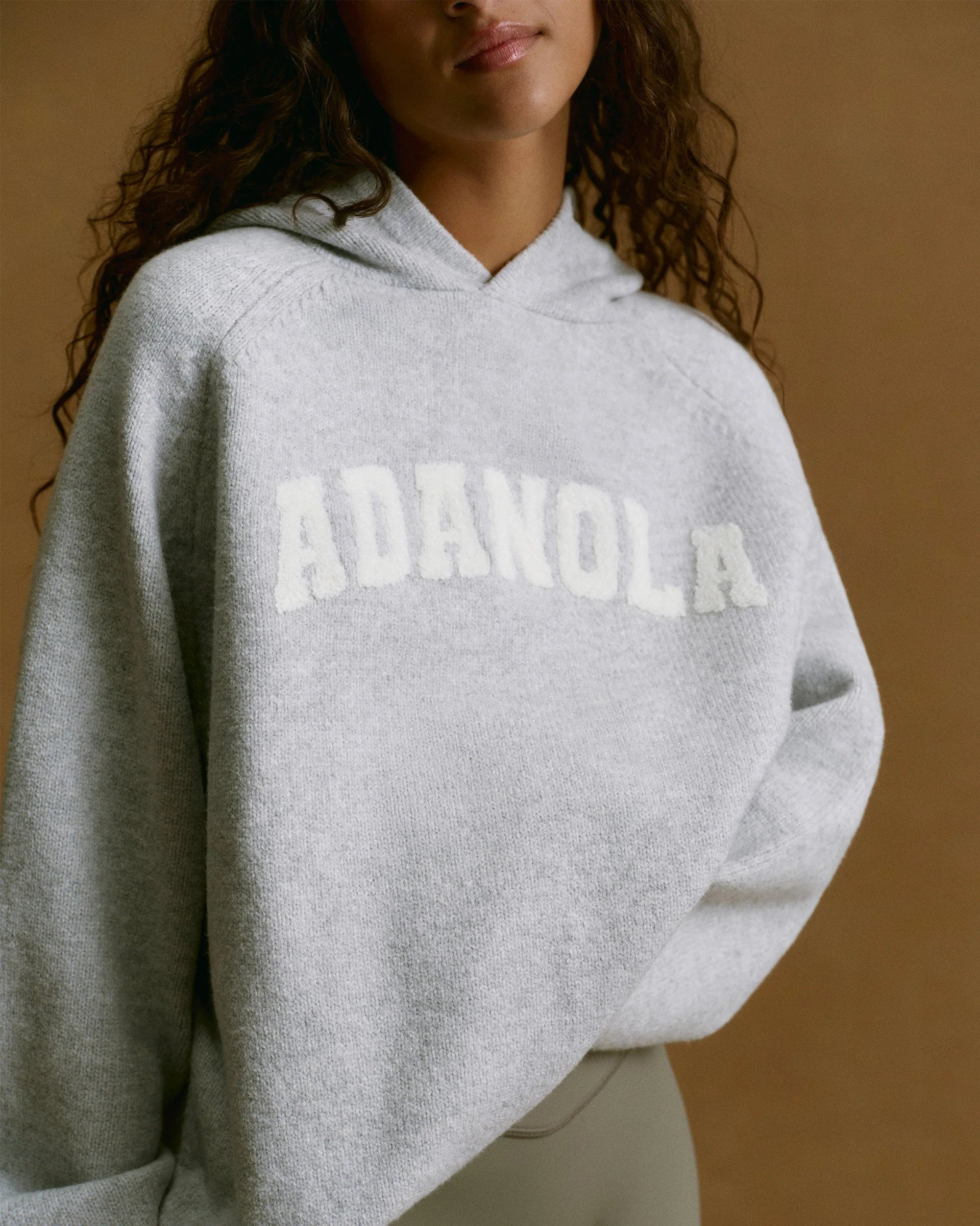 Varsity Boucle Oversized Knit Hoodie - Light Grey Melange/Marshmallow White