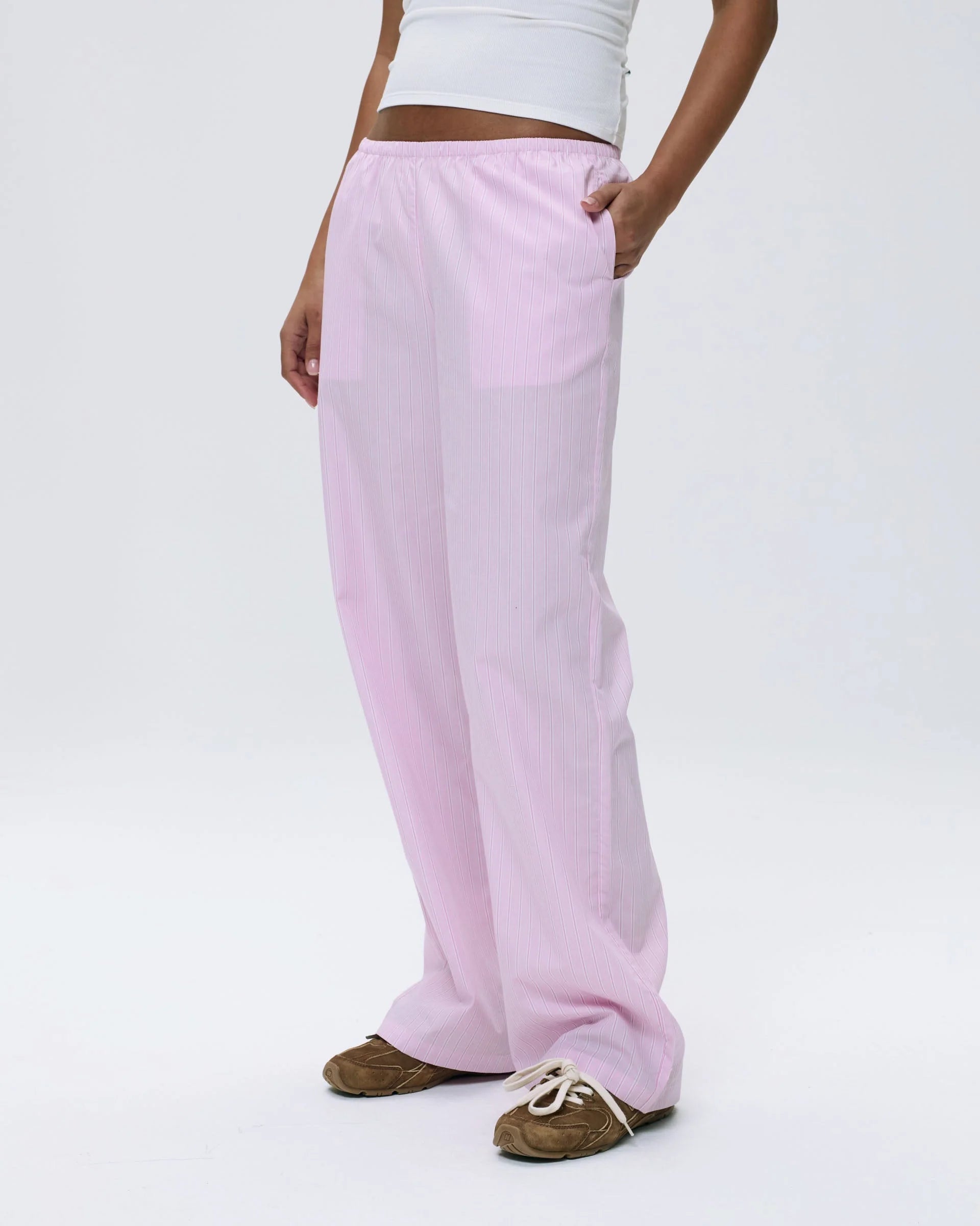 Cotton Stripe Pull On Pants - Pink/White
