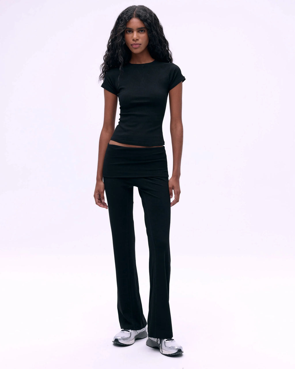 Rib Fold Over Pants - Black