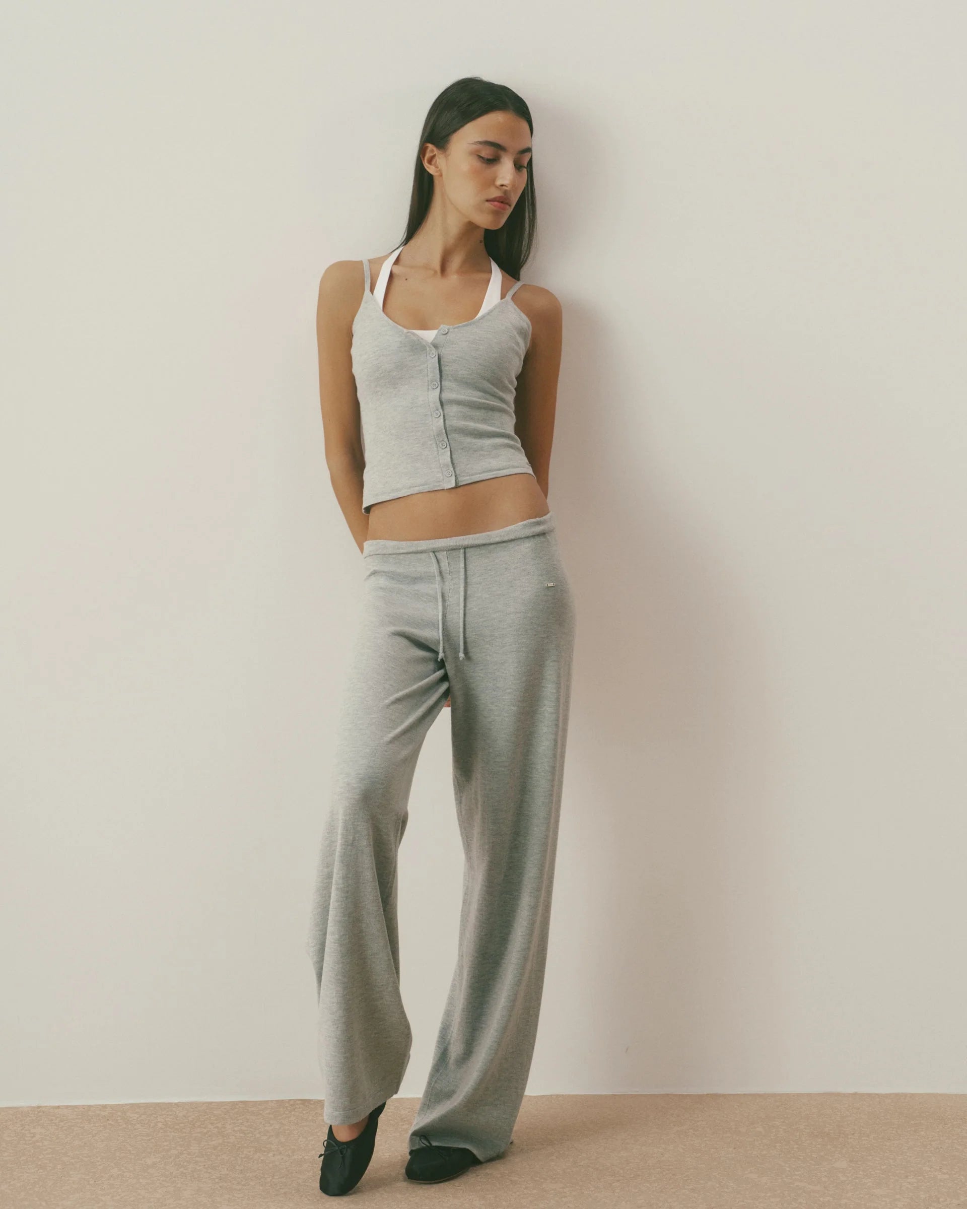 Knit Low Rise Straight Leg Pants - Grey Melange