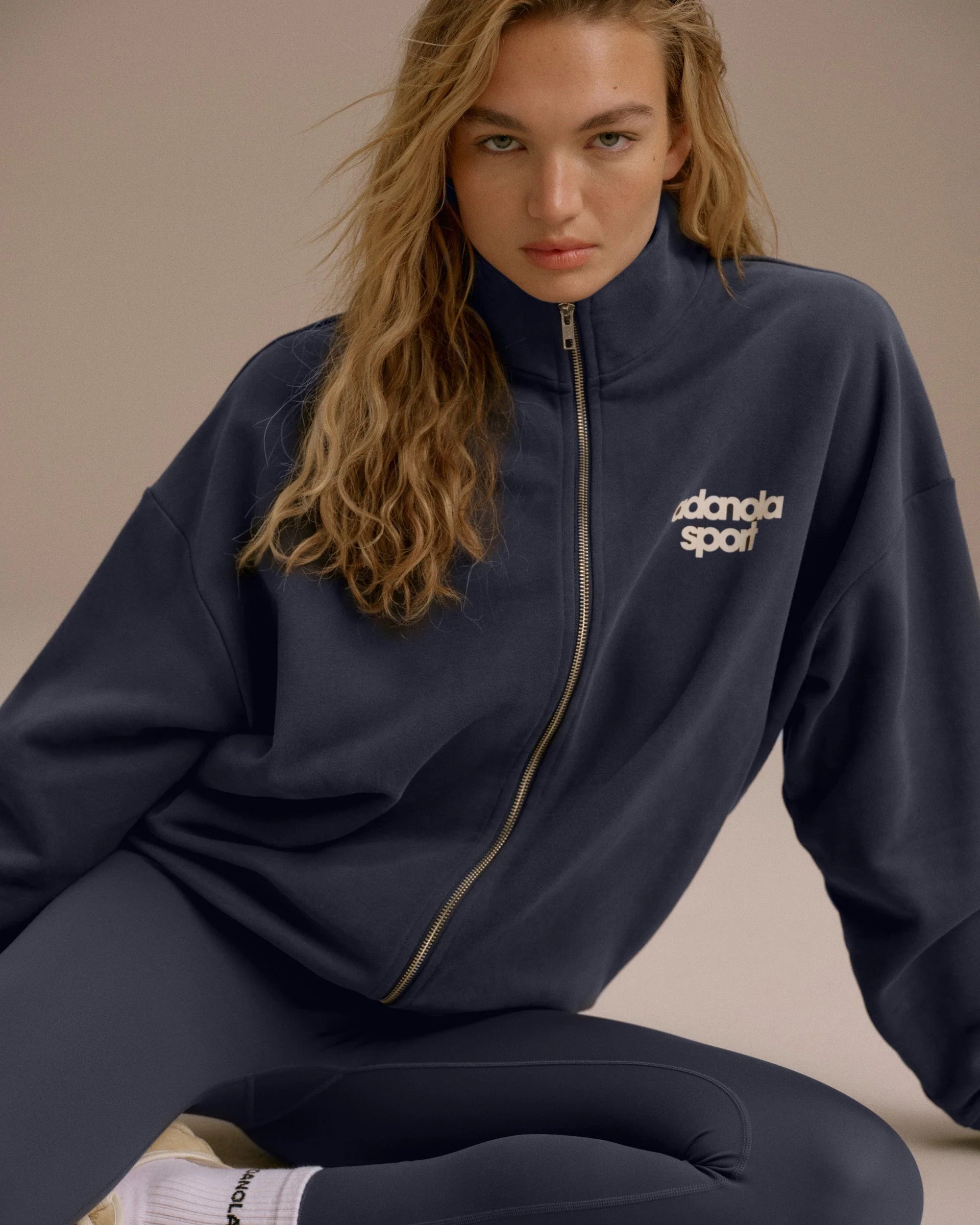 AS Bold Oversized Full Zip Funnel Neck Sweatshirt - Washed Midnight Blue/Marshmallow White