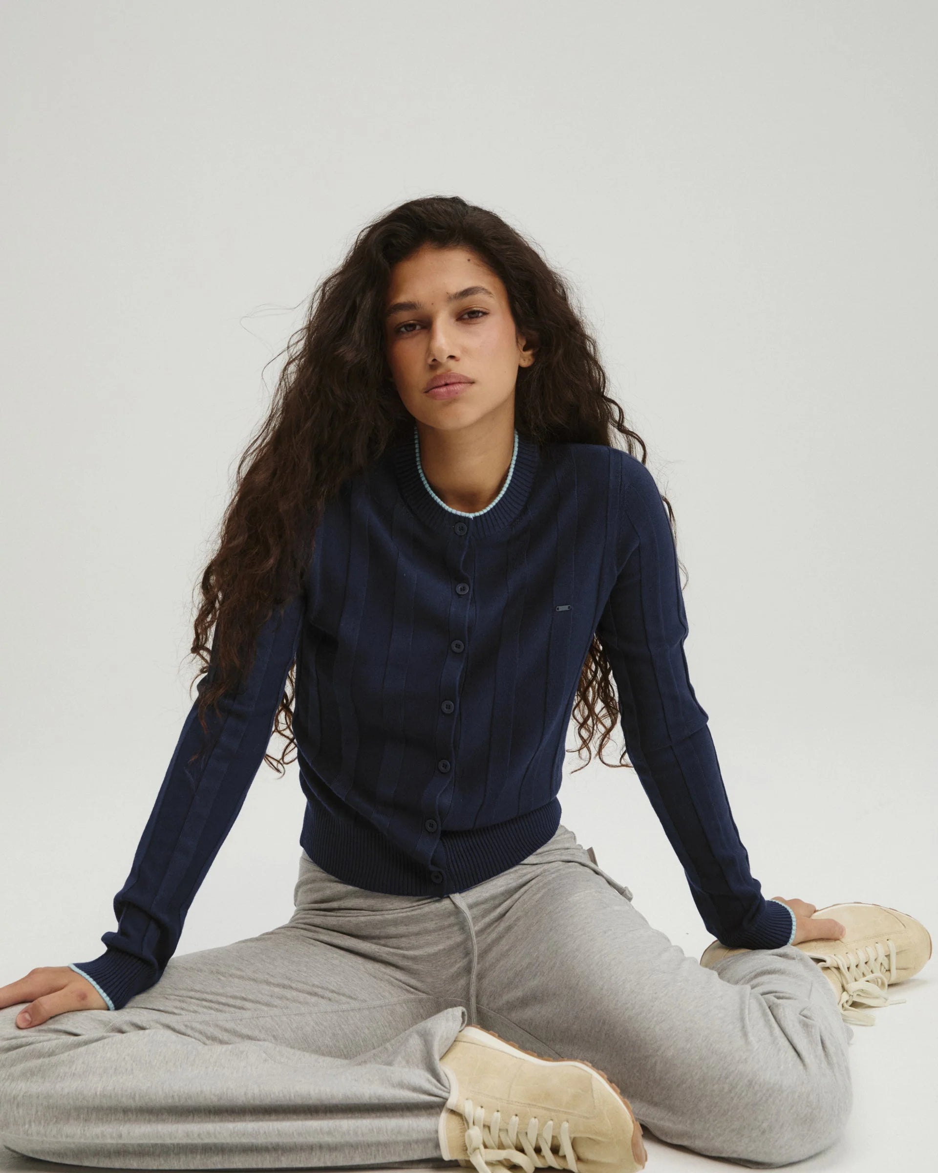 Rib Knit Contrast Tipping Cardigan - Navy Blue/Ocean Blue