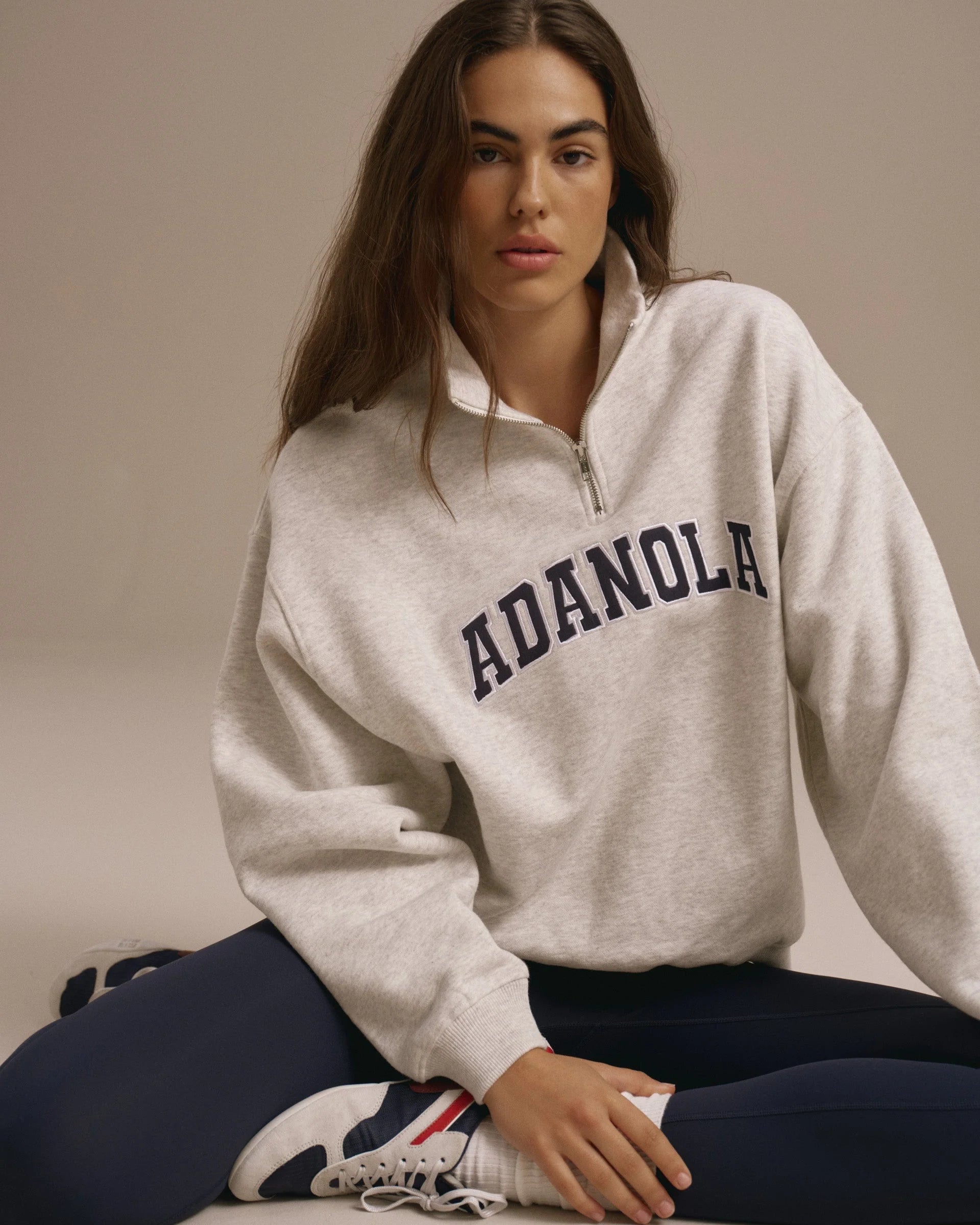 Varsity Relaxed Funnel Neck Zip Sweatshirt - Light Grey Melange/Navy Blue