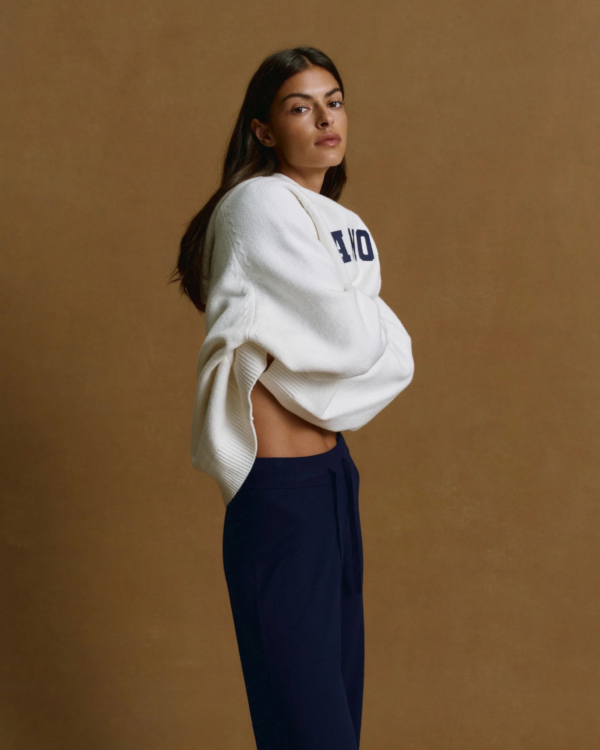 Varsity Oversized Knit Hoodie - Cream/Navy Blue