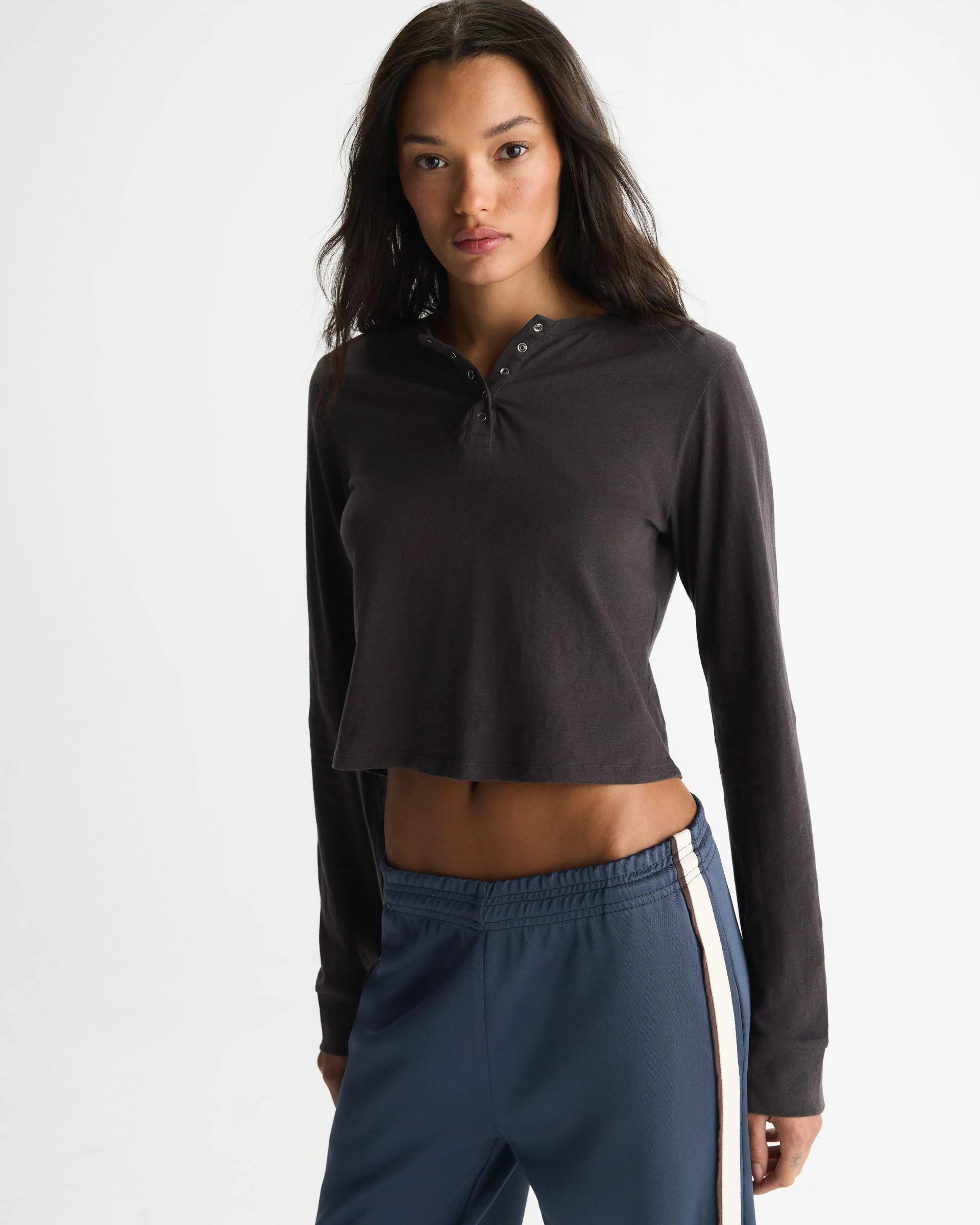 Slub Long Sleeve Button Up Lounge Top - Coffee Bean