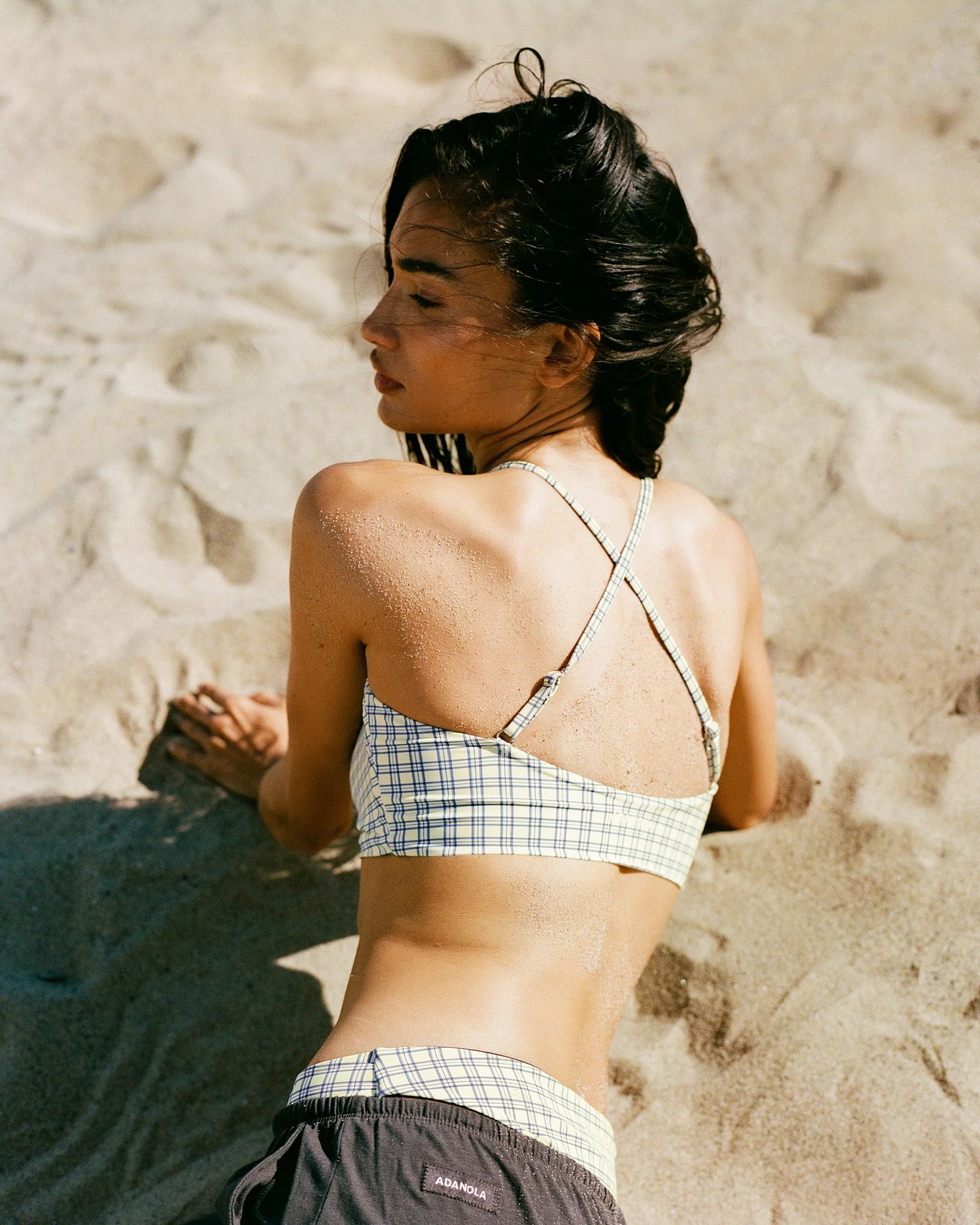 Checked Cross Back Tankini Top - Buttercream/Blossom Blue