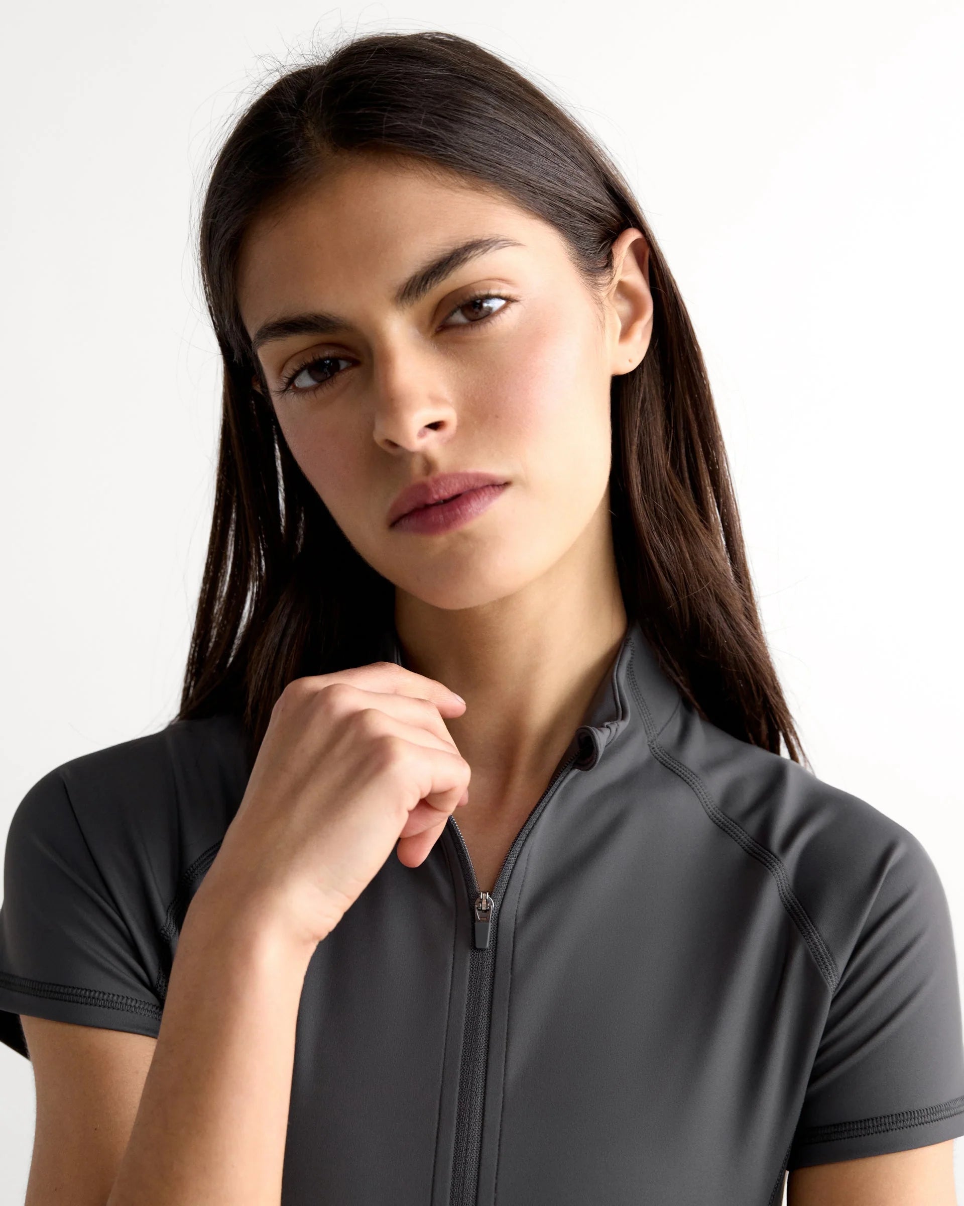 Ultimate Short Sleeve Zip Up Top - Graphite Grey