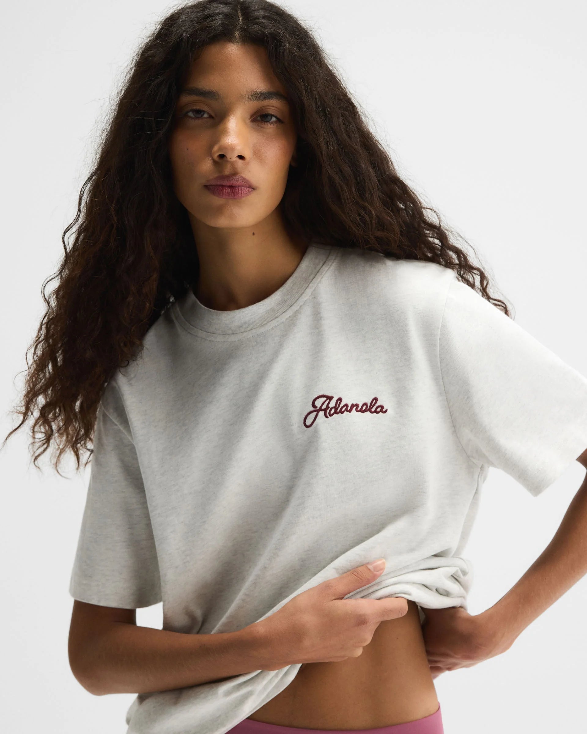 Adanola Script Embroidered Short Sleeve Oversized T-shirt - Light Grey Melange/Damson Red