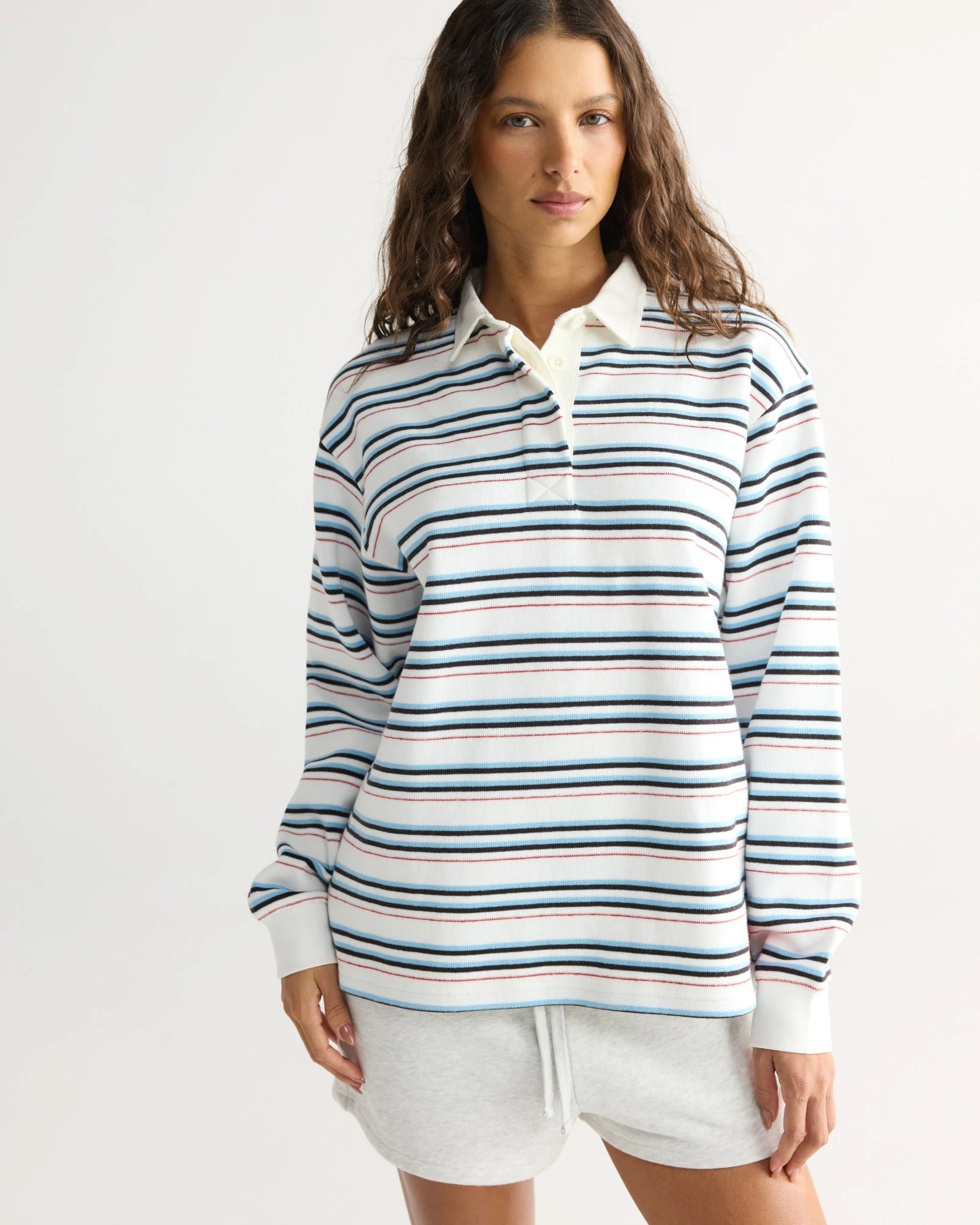Varsity Oversized Stripe Rugby Sweatshirt - Airy Blue/Marshmallow White