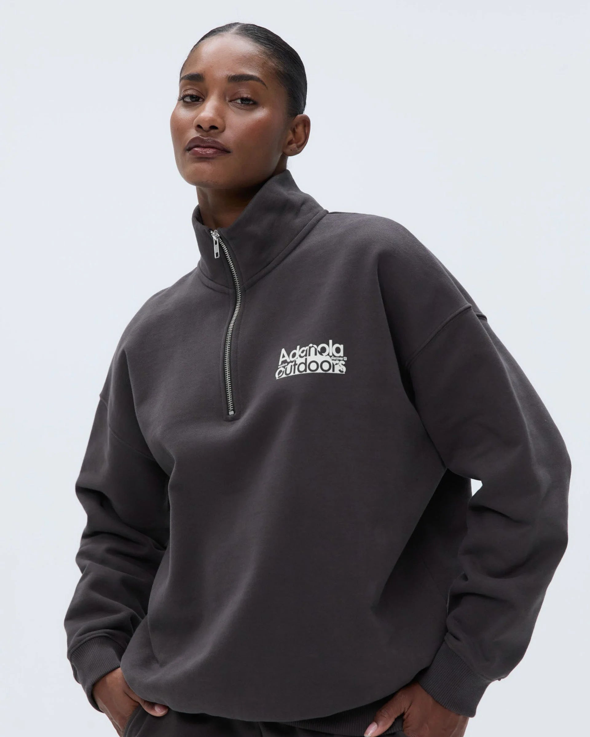 Trail Oversized Funnel Neck Zip Sweatshirt - Washed Coffee Bean/Marshmallow White