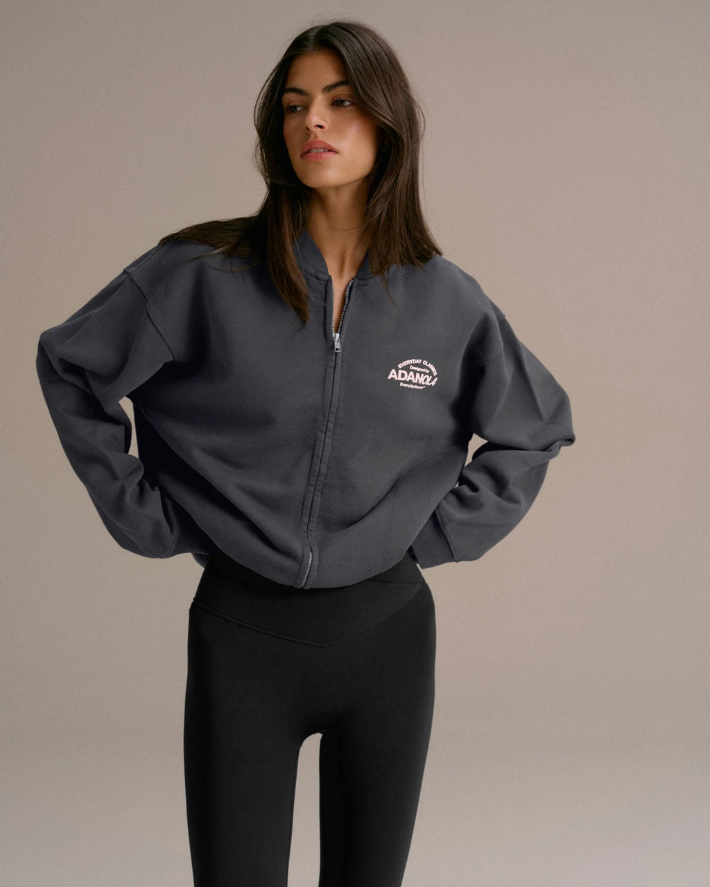 Classics Distressed Full Zip Sweatshirt - Charcoal Grey/Blush Pink