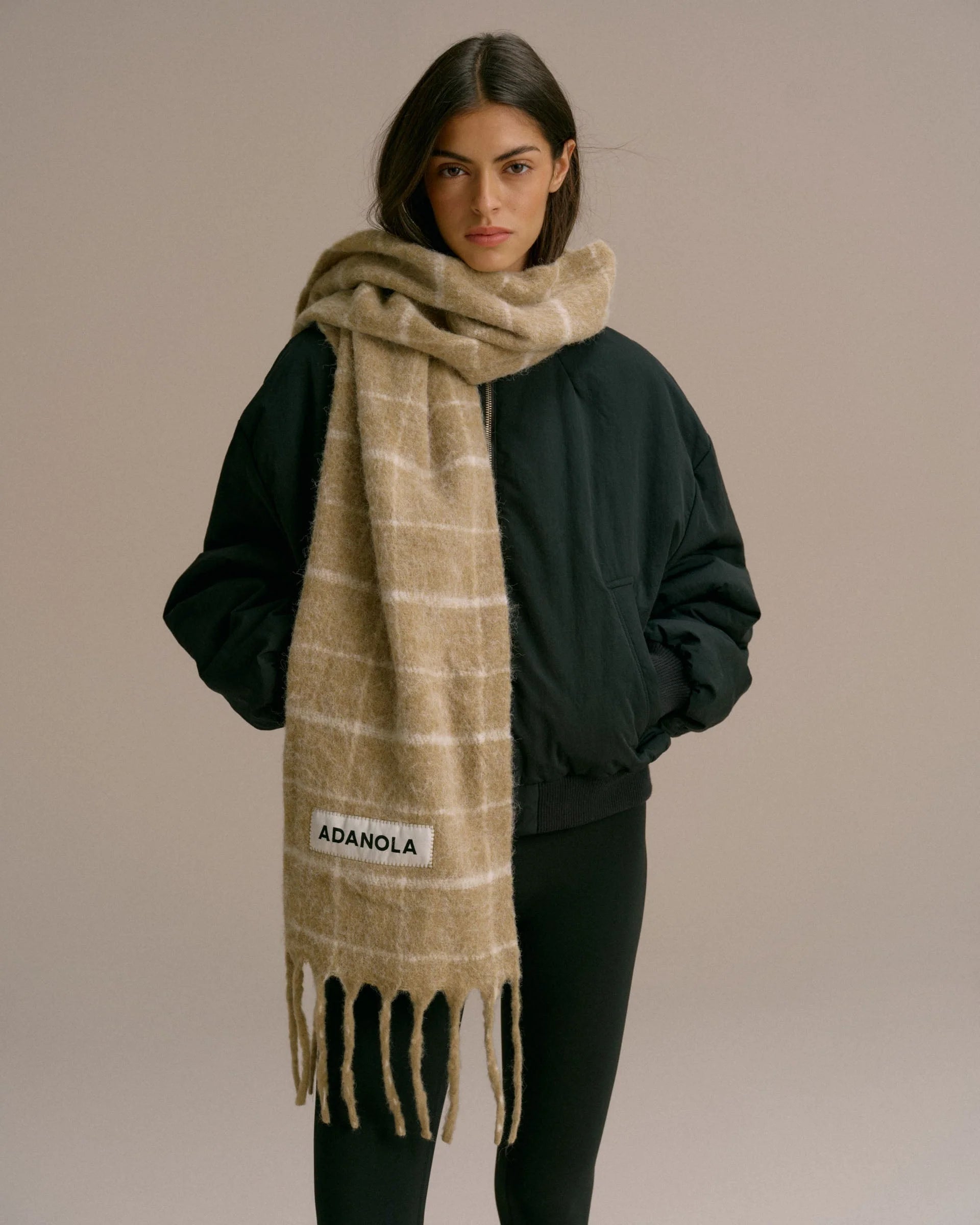 Wool Blend Brushed Checked Scarf - Stone/Marshmallow White