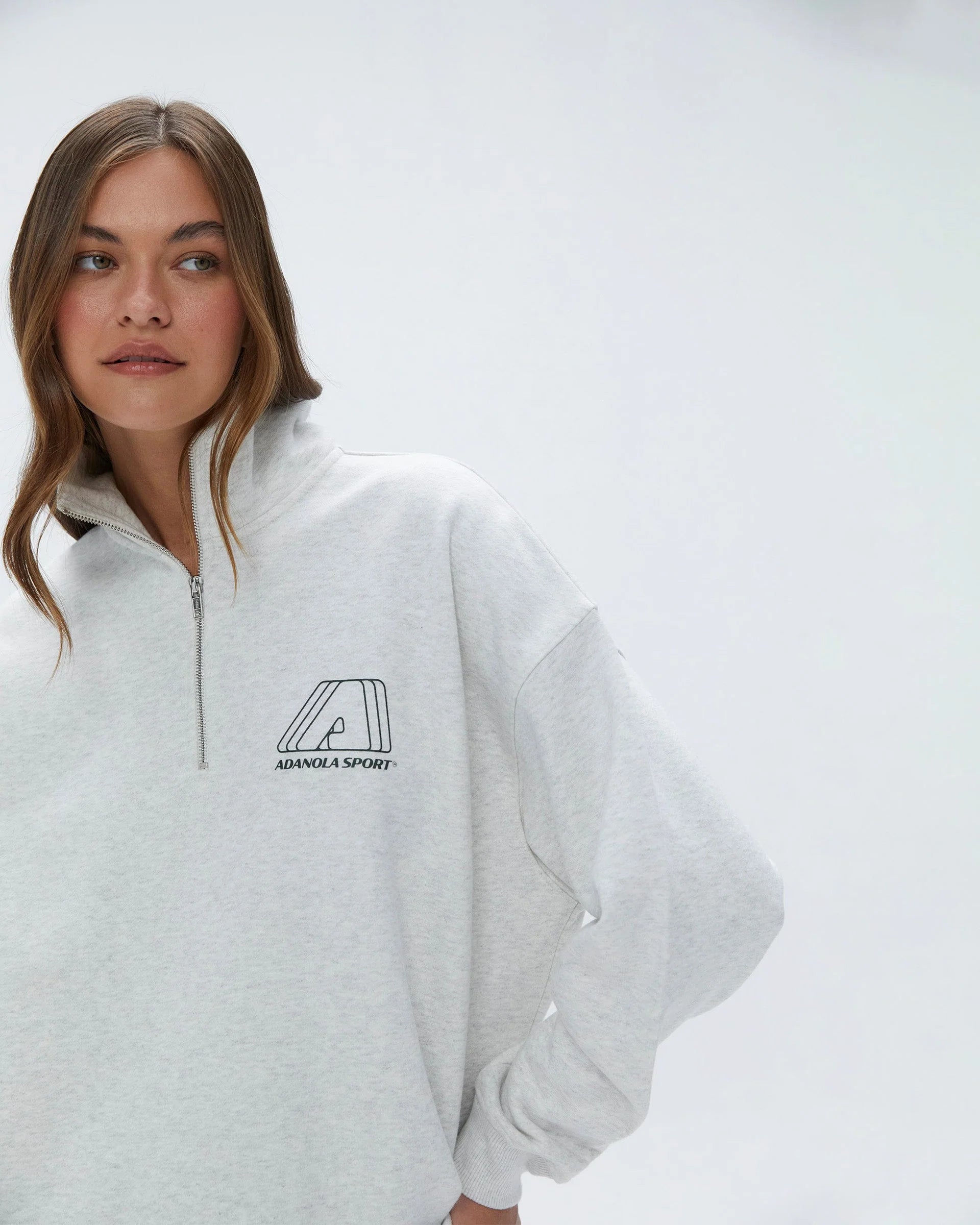 "A" Oversized Funnel Neck Zip Sweatshirt - Light Grey Melange/Dark Olive