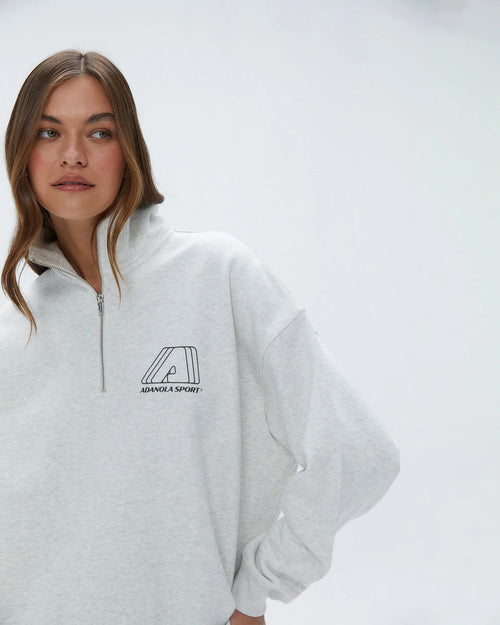 "A" Oversized Funnel Neck Zip Sweatshirt - Light Grey Melange/Dark Olive