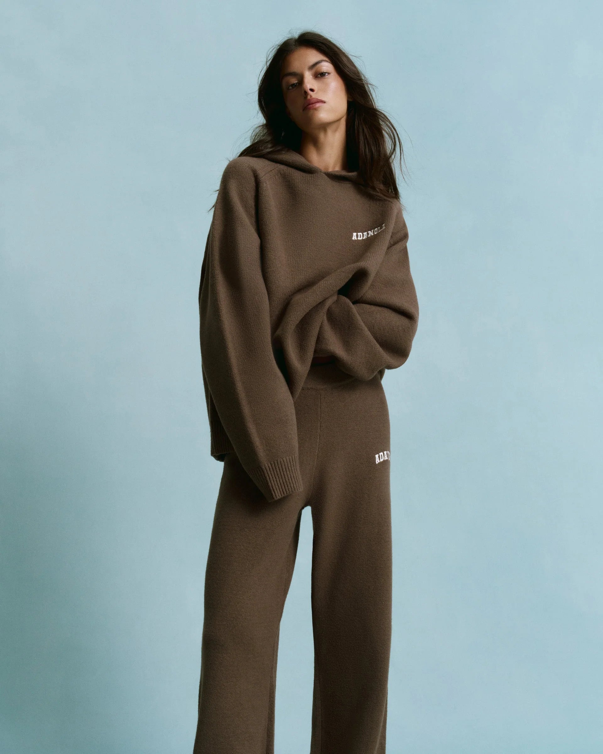 Chest Varsity Oversized Knit Hoodie - Dark Cocoa Brown/Marshmallow White