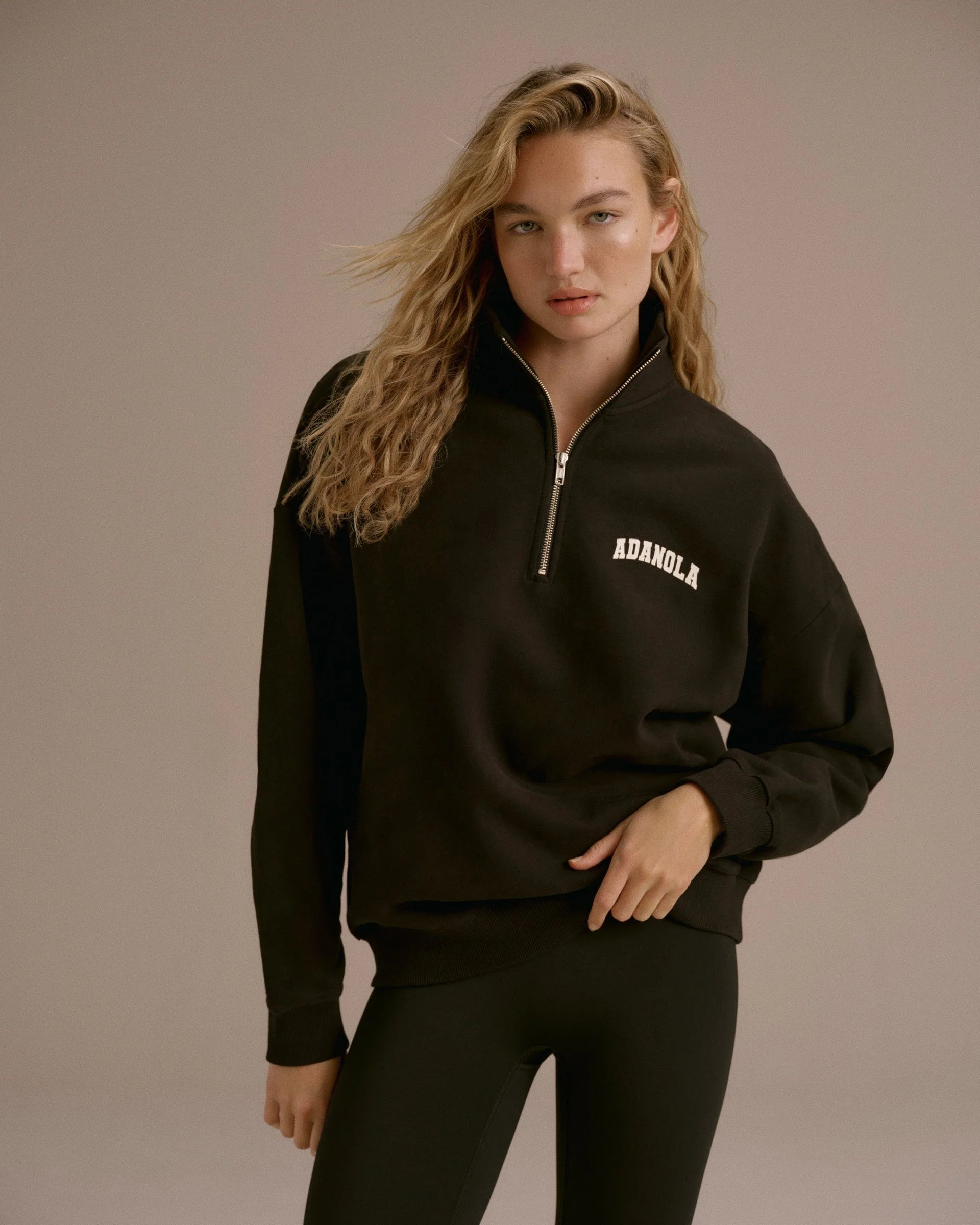 Varsity Oversized Funnel Neck Zip Sweatshirt - Black/Marshmallow White