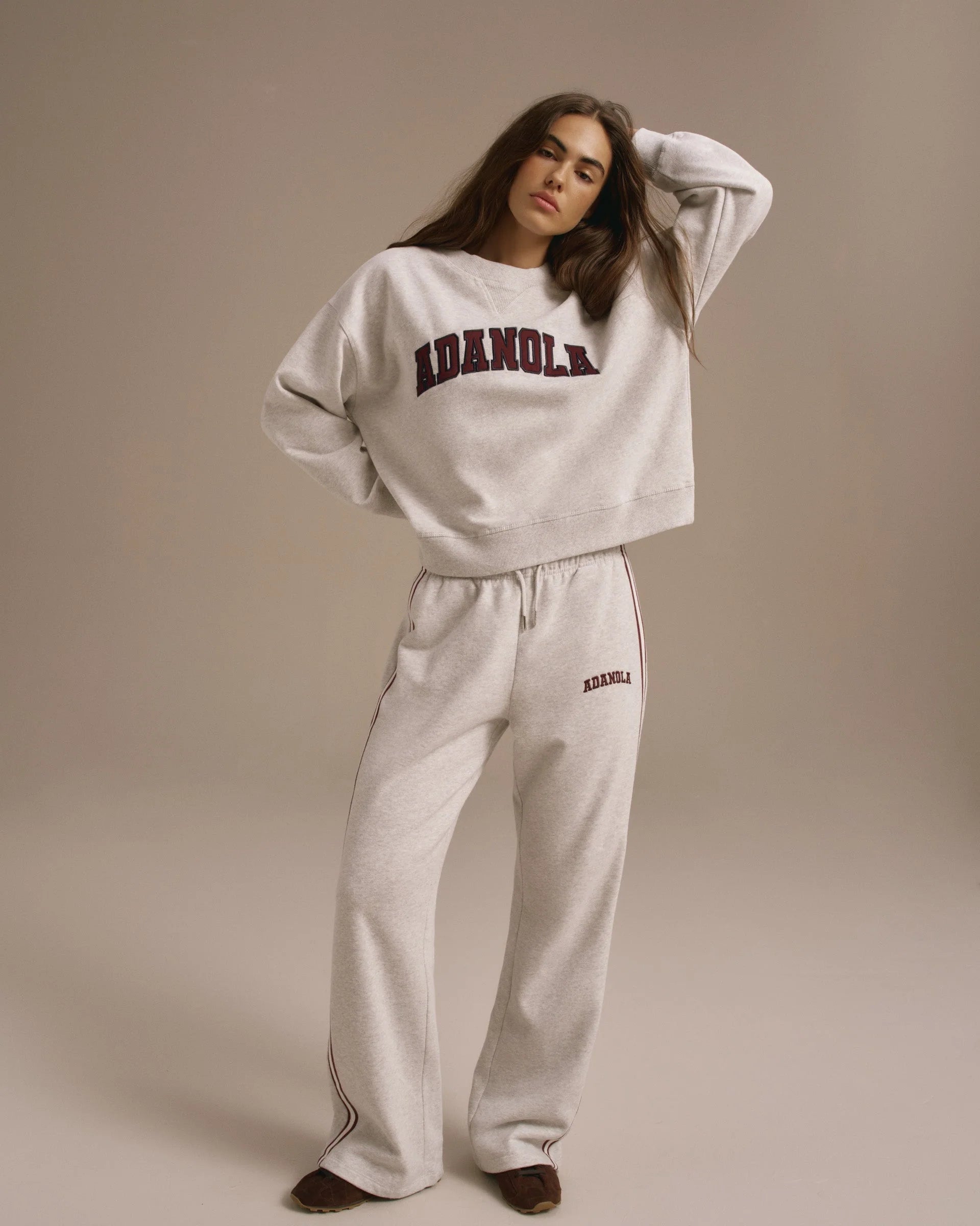 Varsity Loose Fit Straight Leg Sweatpants - Light Grey Melange/Dark Cherry