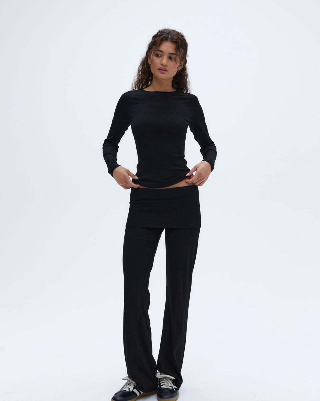 Rib Fold Over Pants - Black