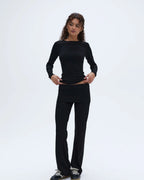 Rib Fold Over Pants - Black